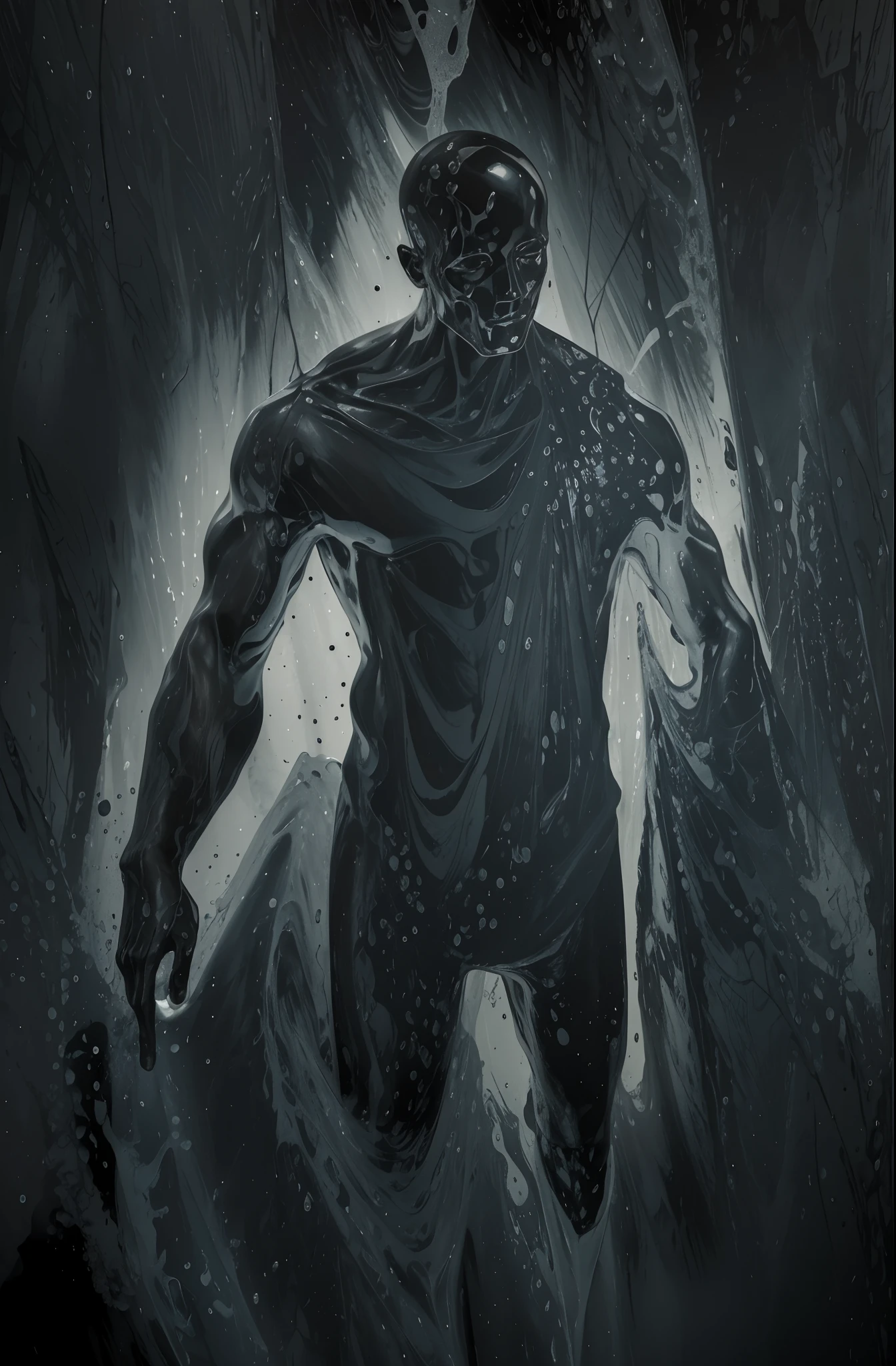 pintura de um homem em um terno preto segurando uma prancha de surf, silhueta humana cristalizada, retrato do homem feito do gelo, corpo humano abstrato, character is covered in liquid, figure in the darkness, ghostly figure, o homem esculpindo-se em pedra, figura misteriosa, ghostly form, silhueta humana fractal, Scary black figure standing, corpo humano se separando, pessoa feita de vidro