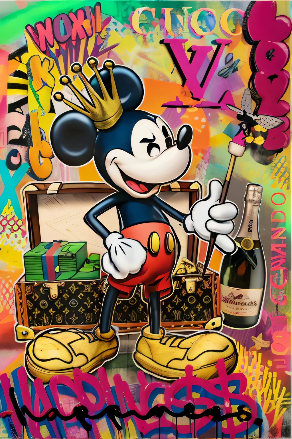 Mickey Mouse com uma coroa e uma garrafa de champanhe, arte vibrante dos desenhos animados, Mickey Rato, ( ( ( Mickey Rato ) ) ), Retrato do Mickey Mouse, kaws, hand painted cartoon art style, arte disney, Artista Disney, Arte no estilo da Disney, obras de arte pagas, Directed by: Derek Zabrocki, arte disney, Iconic character of high detail, Kiki Picasso Estilo