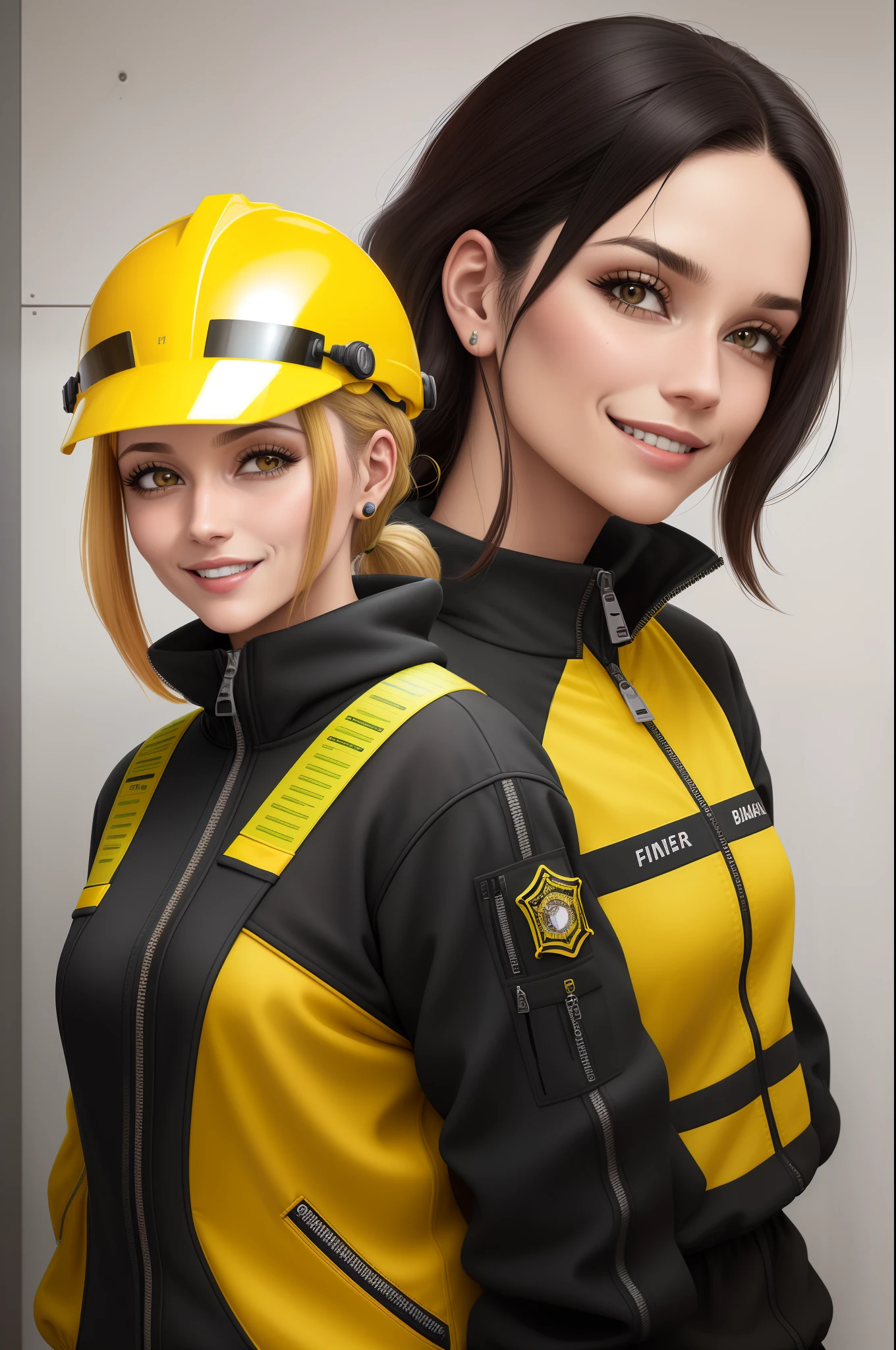 Mulher branca olhando para frente, wearing yellow safety helmet, cabelo preso de lado, Occupational Safety Technician, 35 anos, sorrindo, 170 cm de altura, 62 Kg, Black sweatshirt with zipper, Medium Plane Photo, estilo Pixar, semi realista, fundo branco, character sheet