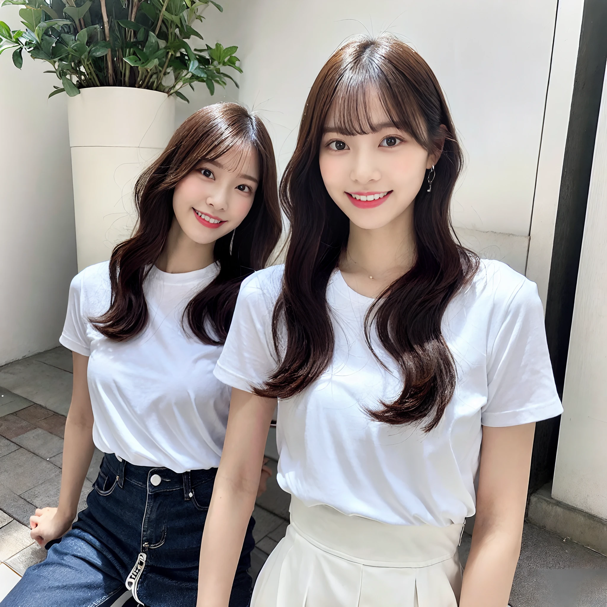 Top image quality、realisticeyes、real looking skin、high-detailed skin、young asian woman、dressed casually、white t-shirts、shortsleeves、denim pant、Flared pants、high-heels、Red High Heels、Sitting and looking at this、Cheek cane、Kamimei、light laughing!A dark-haired、poneyTail、18year old、simple background