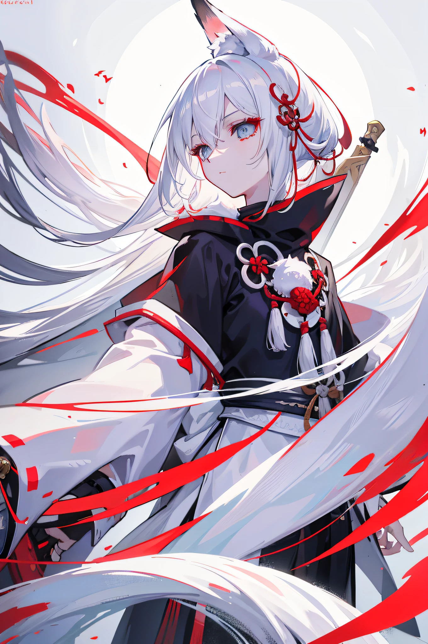 White-haired, red-black costume, anime character holding a sword, Onmyoji detailed art, onmyoji, onmyoji portrait, From Arknights, fox nobushi holding a naginata, fox nobushi, White-haired god, White-haired fox, a beautiful kitsune woman, Flowing white robe, detailed anime character art, white fox anime,Clear eyes