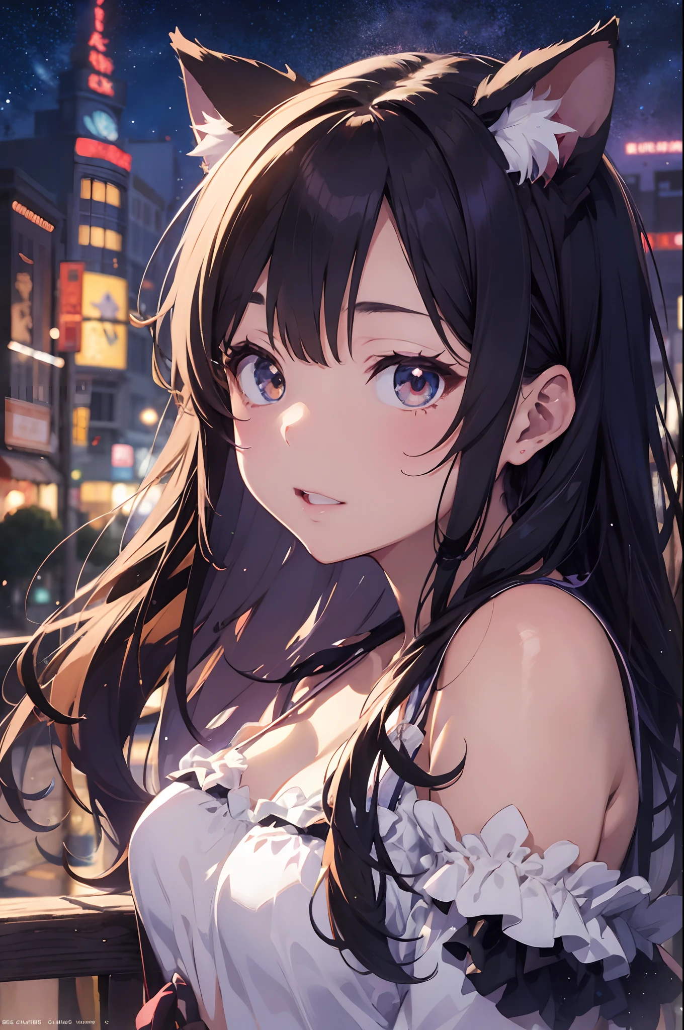 Anime cat-eared girl in bikini with cat ears, shoulder looking, anime drawing by Yang J, pixiv contest winner, serial art, digital anime illustration, kawashi, anime style illustration, anime style 4K, beautiful anime portrait, anime style portrait, anime style artwork, Guweiz style artwork, Anime Illustration, Digital Anime Art, Detailed Digital Anime Art, Beautiful Starry Sky, Fireworks