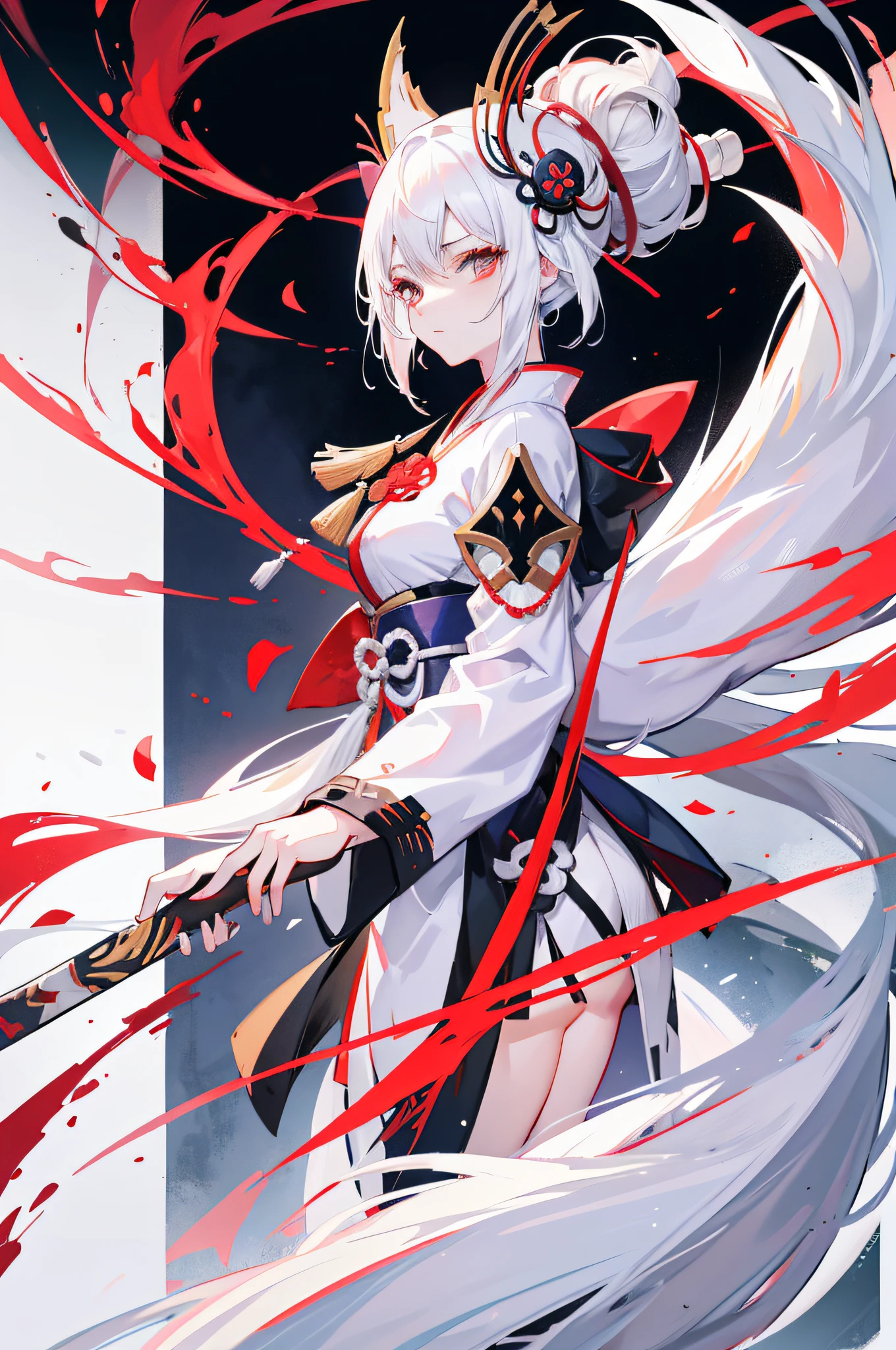 White-haired, red-black costume, anime character holding a sword, Onmyoji detailed art, onmyoji, onmyoji portrait, From Arknights, fox nobushi holding a naginata, fox nobushi, White-haired god, White-haired fox, a beautiful kitsune woman, Flowing white robe, detailed anime character art, white fox anime，Clear eyes