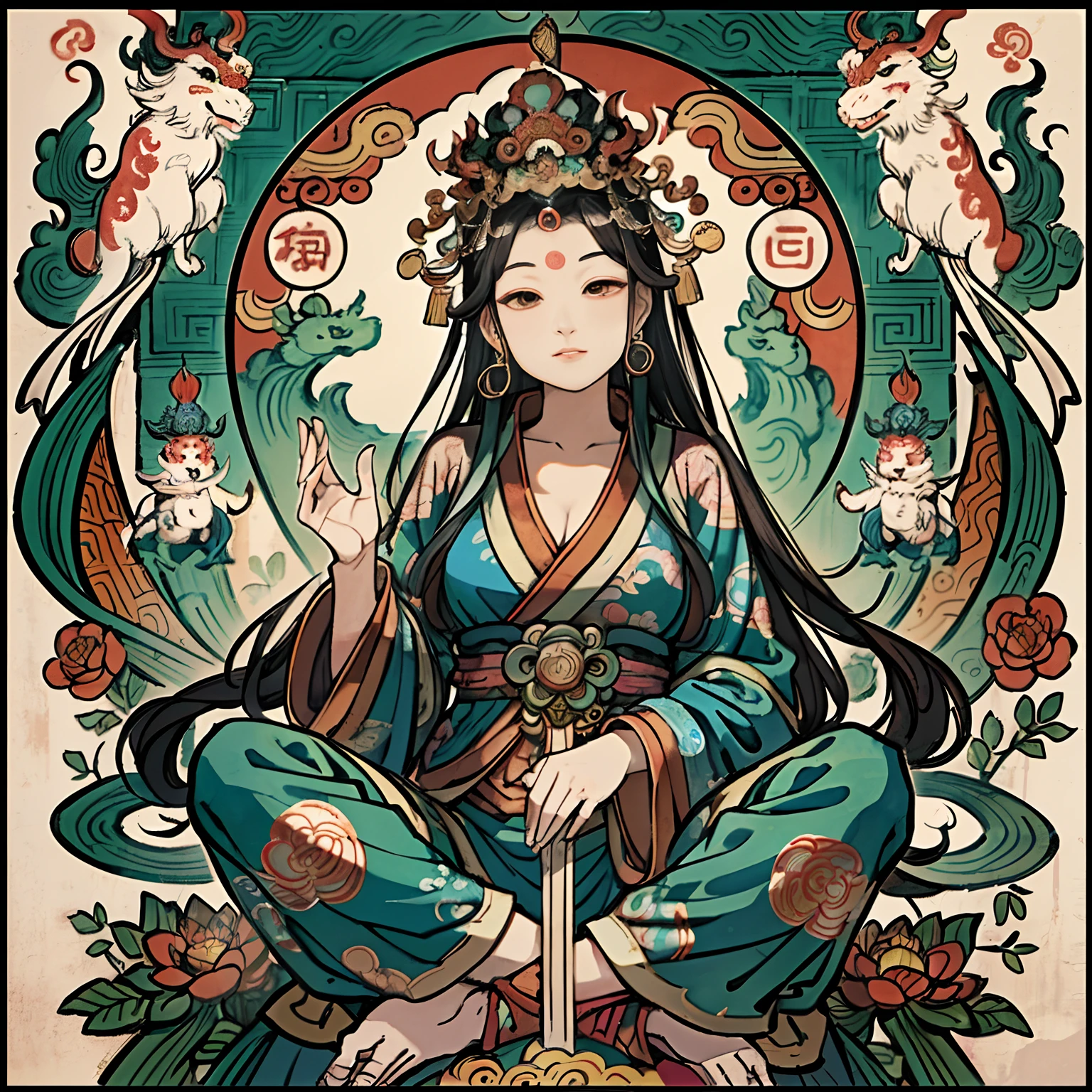 an ancient Chinese goddess, guanyin of the southern seas, Guanyin, Inspired by India, Avalokiteshvara，,Serene expression,shui mo hua,Buddha,Buddhist,Lotus,Chinese painting style,Thangka style
