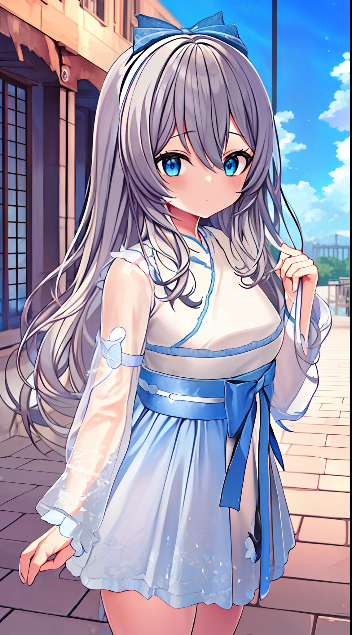 ((Best quality)), ((Masterpiece)), ((Ultra-detailed)), (illustration), (Detailed light), (An extremely delicate and beautiful), Dramatic perspective,A charming young girl,Lucif - Hanfu,(blue sky)