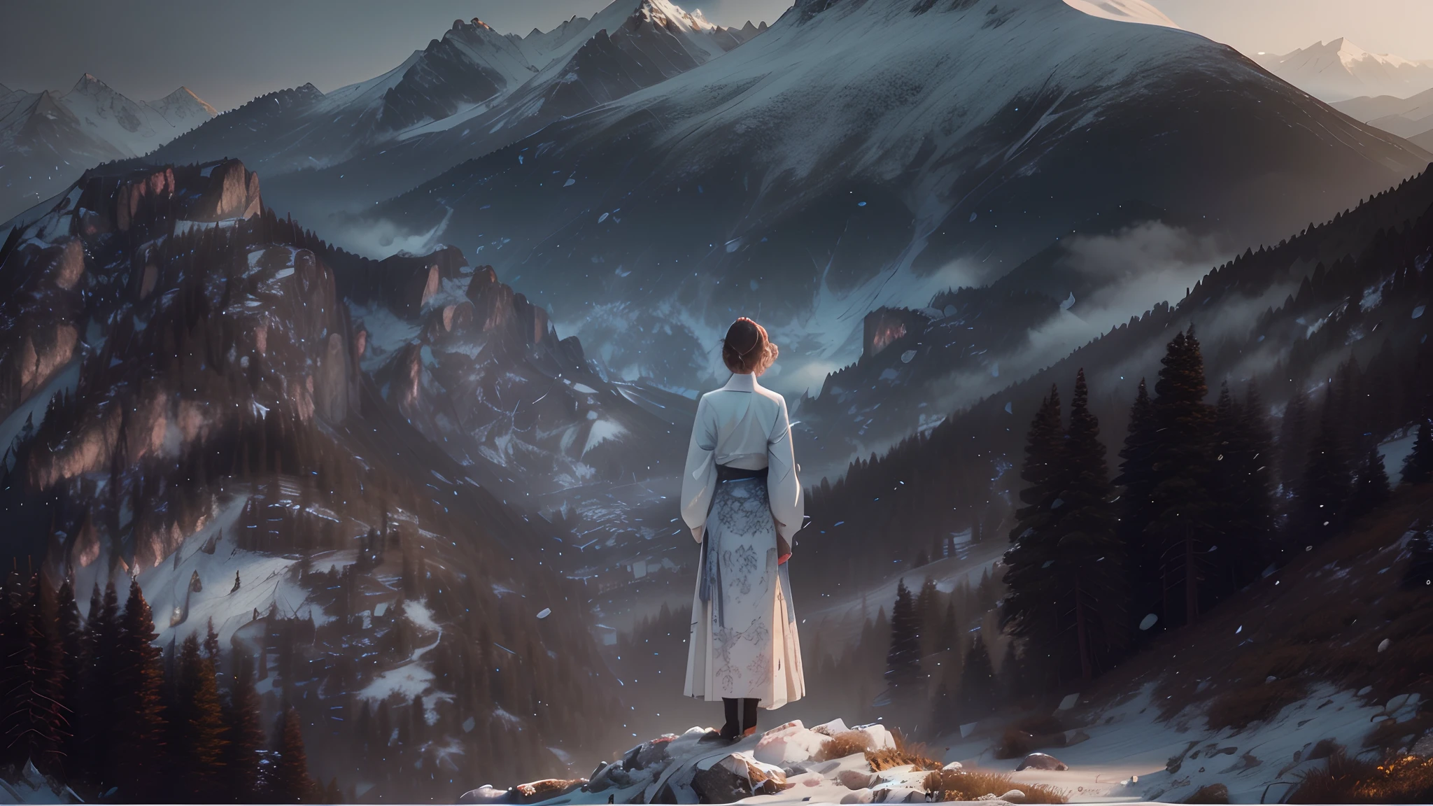 There was a woman standing on the top of a mountain looking at the mountain。。,mountain scene. cinematic Film still from, Stand in front of Mt, Still from L'Estate, girl standing on mountain, looking at the mountains,  cinematic Film still from, a still of an ethereal, a mountain look like a women, screenshots from movies, cinematic Film still from，Pure white clothes and skirts，The wind blows the skirt to the right，8K，hdr，Surreal 3D，realisticlying，Detailed skin texture，Detailed cloth texture，Complicated details，ultra - detailed，edge lit，Side lighting，cinematric light，超高分辨率
