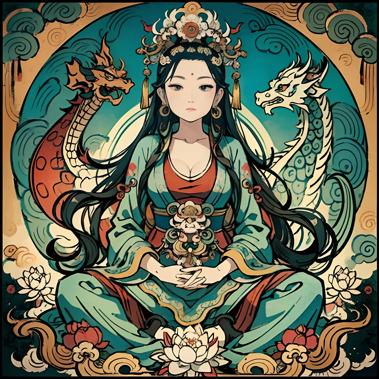 an ancient Chinese goddess, guanyin of the southern seas, Guanyin, Inspired by India, Avalokiteshvara rides a dragon,,Serene expression,shui mo hua,Buddha,Buddhist,Lotus,Chinese painting style,Thangka style