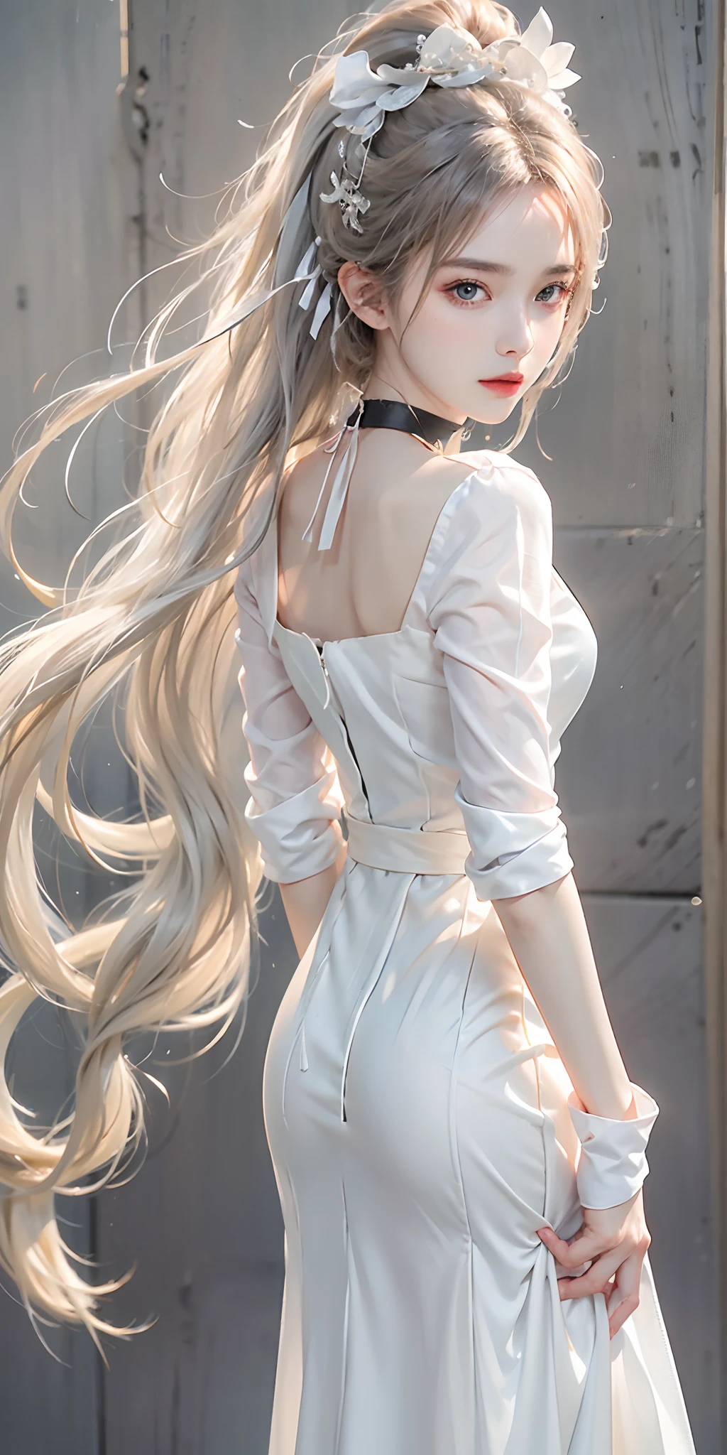 Best quality、tmasterpiece、A high resolution、1girll、Porcelain dress、Beautifully detailed hair accessories、choker necklace、jewely、pretty face、Physically、Tyndall effect、realisticlying、Shadow Studio、edge lit、bicolor lighting、(highdetailskin:1.2)、8K, Ultra HD、Digital SLR、softlighting、high high quality、volumettic light、sneak shot、photore、A high resolution、4K、8K、Portrait with blurred background