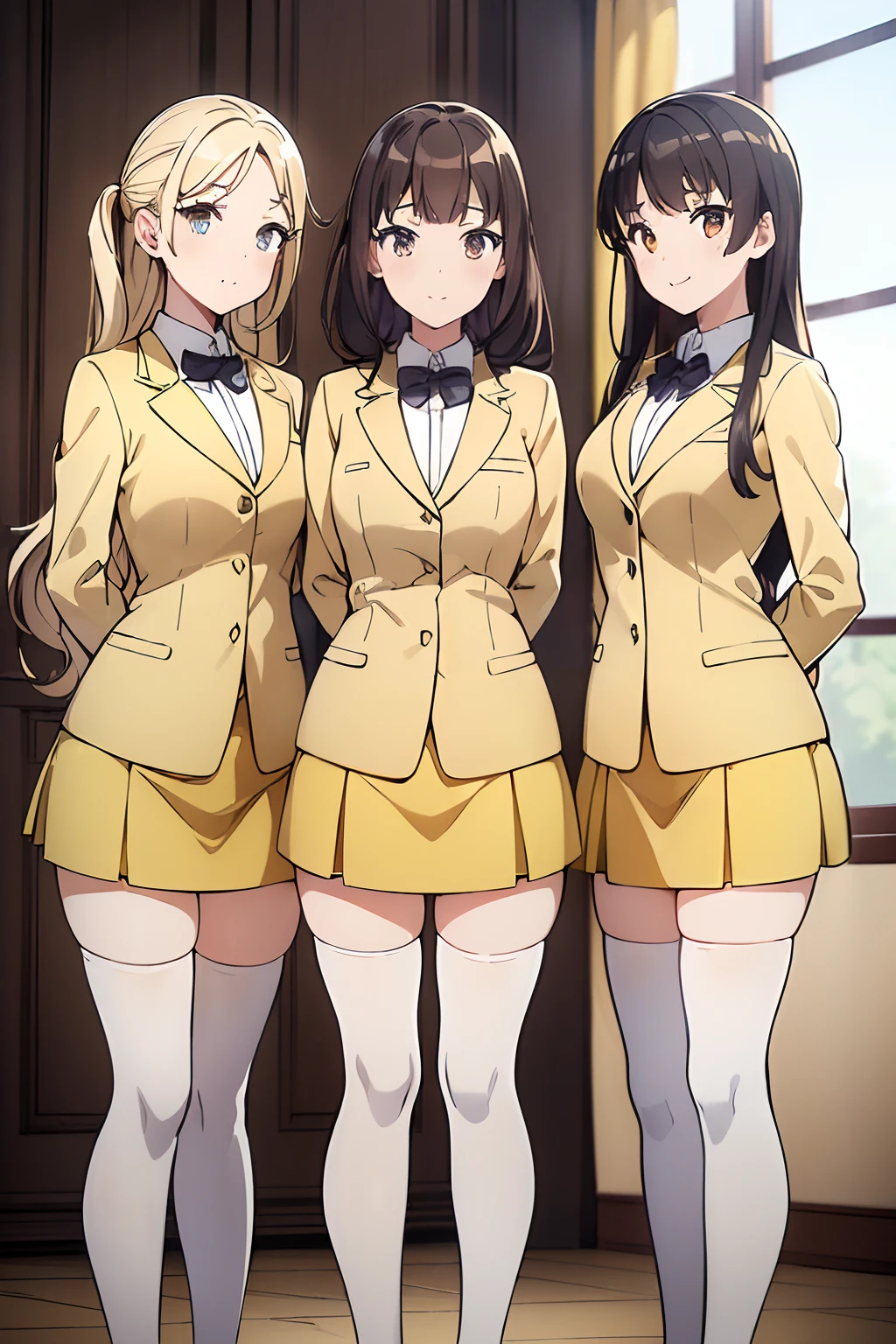 ((masterpiece, best quality, 8k, highres:1.2)), yellow school uniform, highleg, hazel eyes, yellow blazer, medium breasts, yellow pencil skirt, white thighhighs, white thighhigh socks, black high heels, (brown hair, curly hair, long hair), (5girls, family pic, identical sisters, clones), ((matching hairstyles, matching faces, matching outfits))