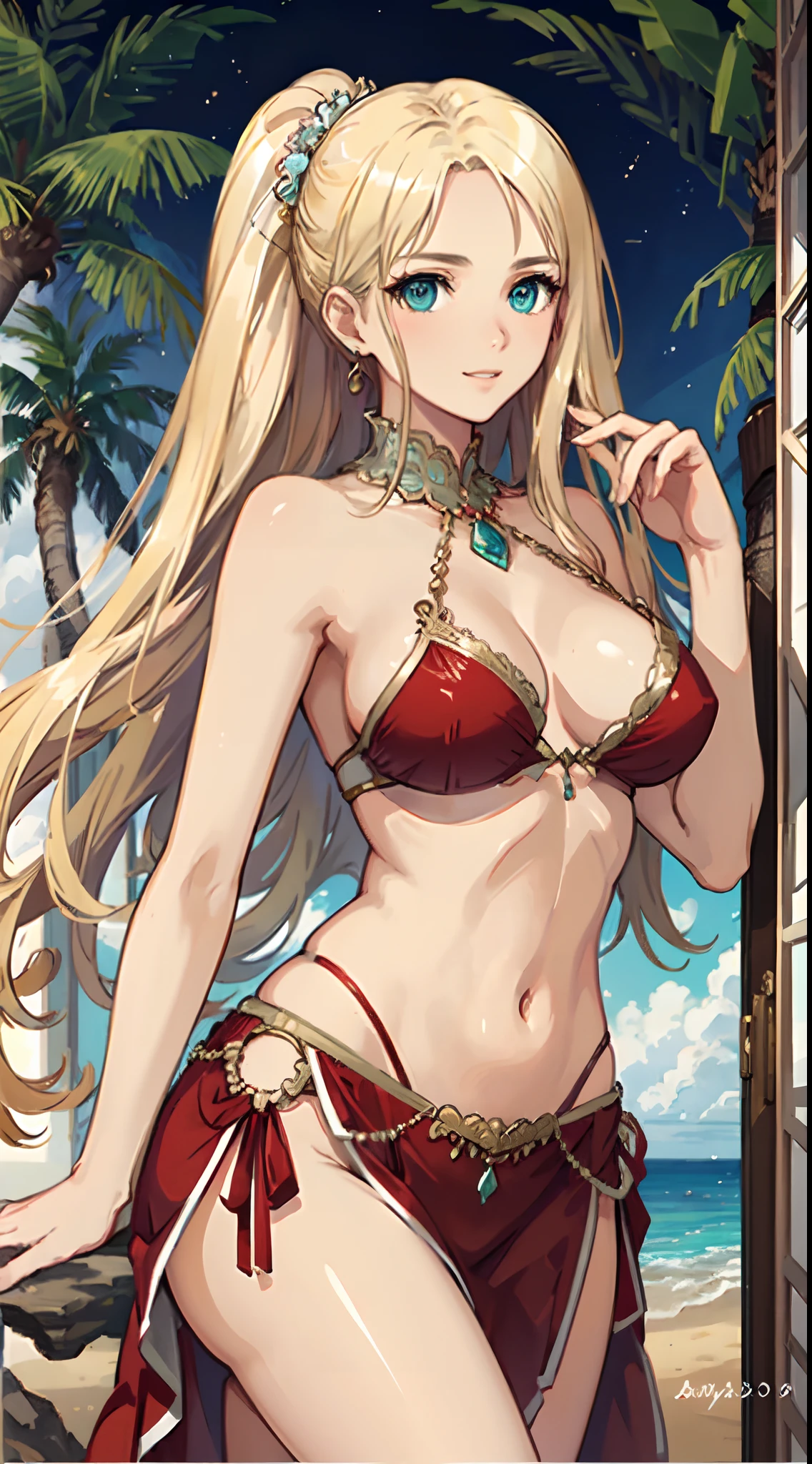 blonde hair, long hair, green eyes, with leg opened and an enticing beach pose, wearing a elegant red gown that shows off her navel, resembling an Arabian belly dancer. She has a short trimmed skirt and her flowing blonde hair is styled in a side ponytail. Her captivating blue eyes exude happiness, while her outfit highlights her alluring cleavage, happy