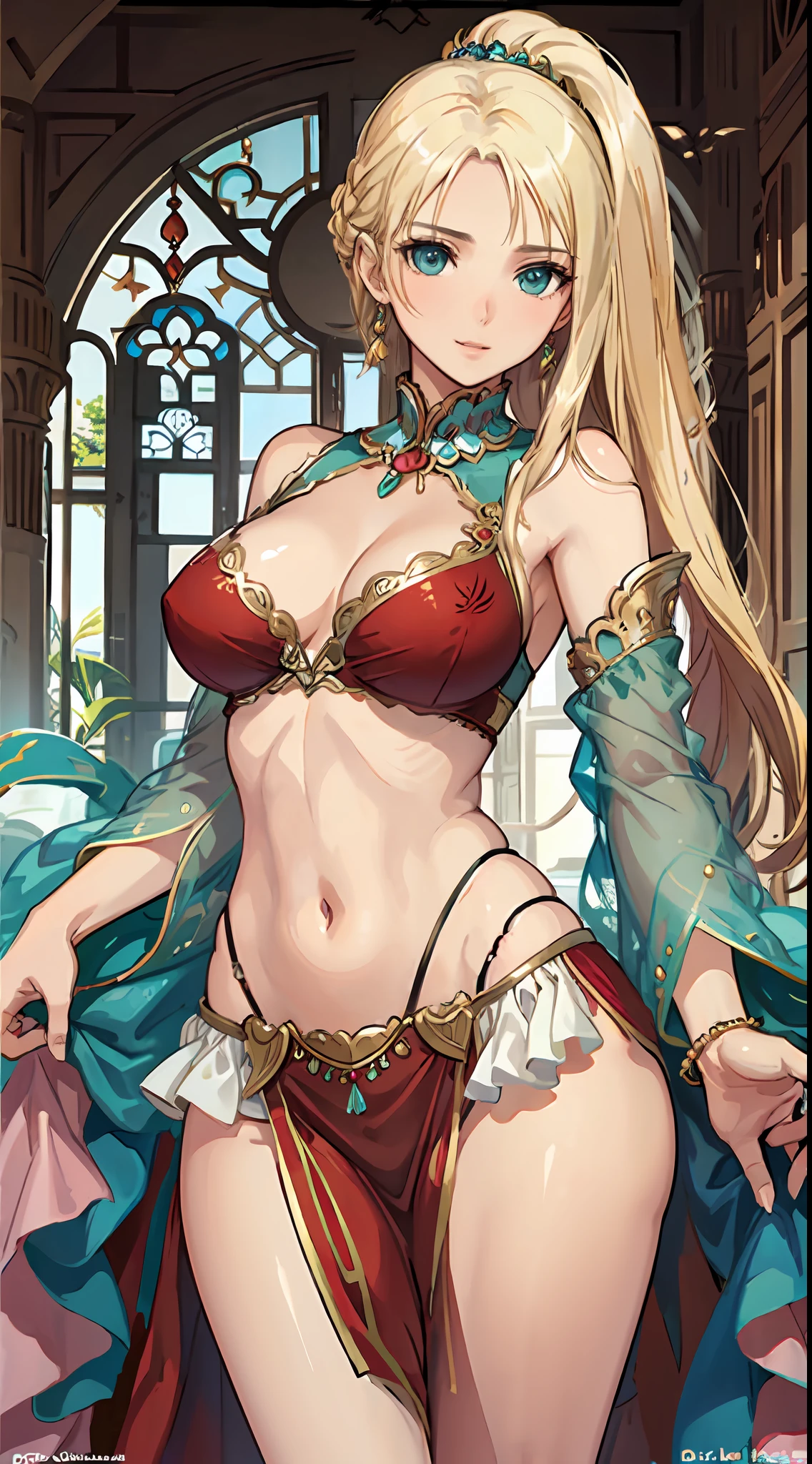 blonde hair, long hair, green eyes, with leg opened and an enticing beach pose, wearing a elegant red gown that shows off her navel, resembling an Arabian belly dancer. She has a short trimmed skirt and her flowing blonde hair is styled in a side ponytail. Her captivating blue eyes exude happiness, while her outfit highlights her alluring cleavage, happy