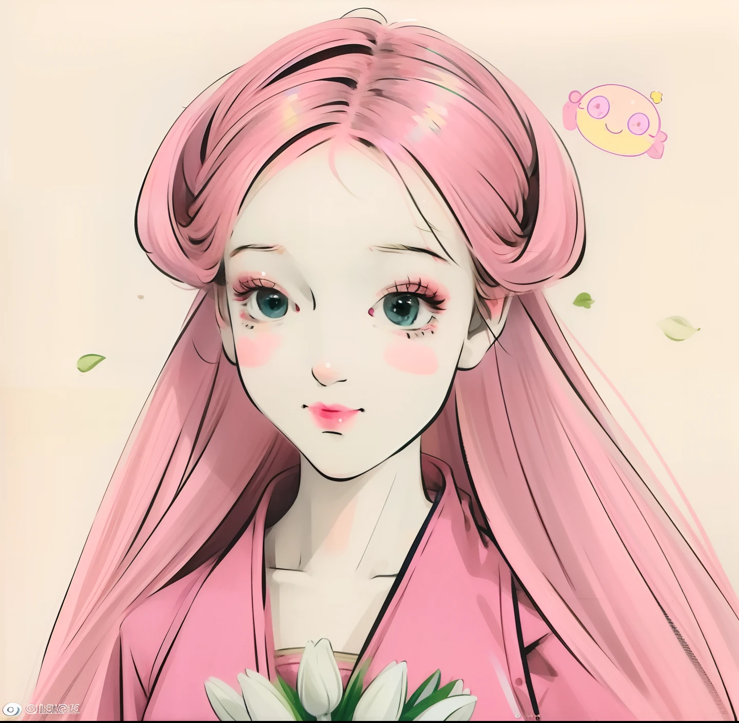cartoon girl with pink hair, standing in pink dress, full body, background has green tulips, girl with a flower face, cute natural anime face, soft anime illustration, cute kawaii girl, her face is a mauve flower, cartoonish cute, cute anime face, holding a flower, her face looks like an orchid, she has a cute face, she has a cute expressive face