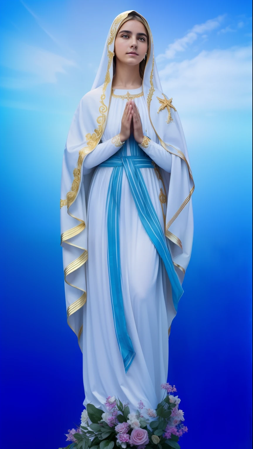 ((Blessed Virgin Mary. 19 years old))) ((( Con una cara seria y piadosa. Con una mirada dulce y tierna))) (obra maestra, calidad superior, mejor calidad, arte oficial, beautiful and aesthetic: 1.2), (1girl), extremadamente detallado, (Arte fractal: 1.3), colorido, highest detailed, Cara perfecta, parte superior del cuerpo, HDR, (orando: 1.3), (golden lines of white coat: 1.2), galaxia, (rayas de luz), eye-catching visuals, (dynamic stripes, senderos luminosos: 1.2), colores vibrantes,