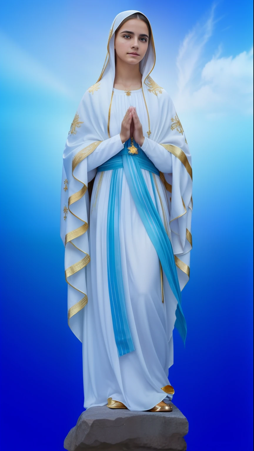 ((Blessed Virgin Mary. 19 years old))) ((( Con una cara seria y piadosa. Con una mirada dulce y tierna))) (obra maestra, calidad superior, mejor calidad, arte oficial, beautiful and aesthetic: 1.2), (1girl), extremadamente detallado, (Arte fractal: 1.3), colorido, highest detailed, Cara perfecta, parte superior del cuerpo, HDR, (orando: 1.3), (golden lines of white coat: 1.2), galaxia, (rayas de luz), eye-catching visuals, (dynamic stripes, senderos luminosos: 1.2), colores vibrantes,