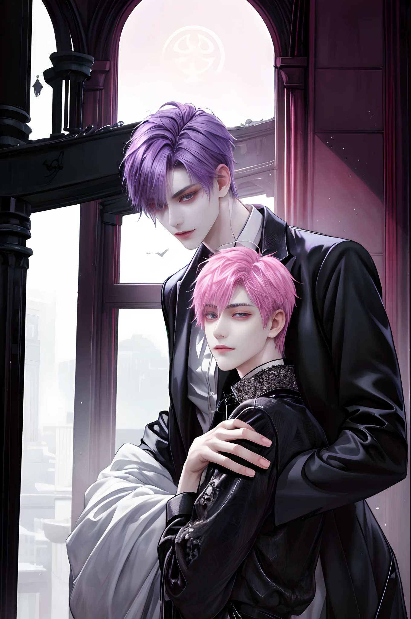 masterpiece, top-quality, 2Others, a couple, 1 man and 1,, Adults, Height difference, different fashion, different color, finely eye and detailed face, intricate detailes, Casual clothing, Oversized shirt, Modern urban streets, Hands on back, A smile, Happiness, tenderness, high-level image quality、 beautiful male、tall、hug from behind、Trying to kiss、window、nightfall、nighttime scene、𝓡𝓸𝓶𝓪𝓷𝓽𝓲𝓬、Korean Male, Idol Photos, k pop, Professional Photos, Vampires, Korean fashion in black and white, At Fed Man with Necklace, inspired by Sim Sa-jeong, androgynous vampire, :9 detailed face: 8, extra detailed face, detailed punk hair, ((asa)) baggy eyes, Seductive. Highly detailed, semi realistic anime, Vampires, hyperrealistic teen, delicate androgynous prince, imvu, short hair above the ears, Man with short hair, Woman with long hair, A man with a glaring expression and a woman with a gentle expression, Man with bright purple hair and woman with pink hair