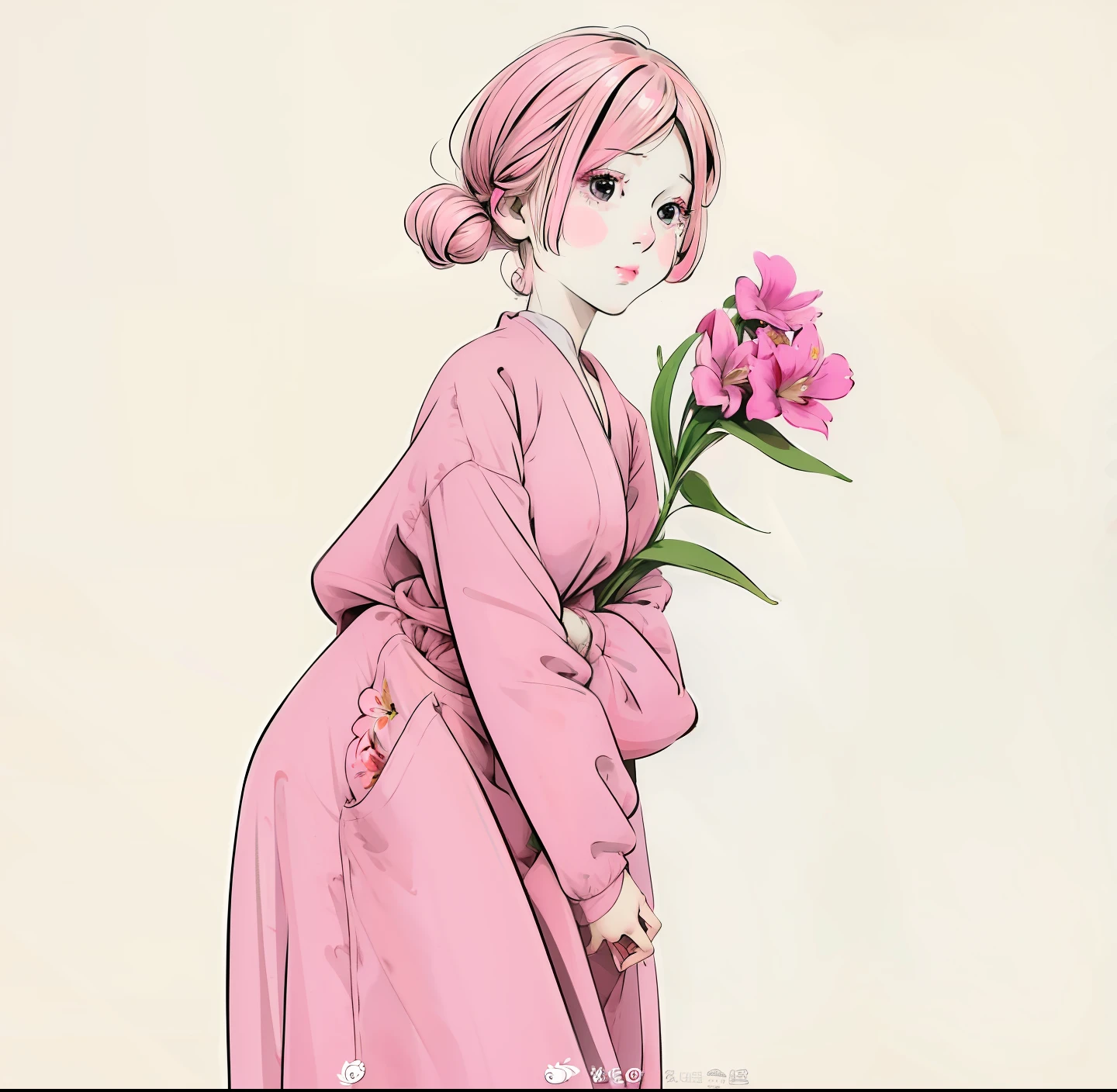 cartoon girl with pink hair holding a flower in her hand, standing, full body, girl with a flower face, cute natural anime face, soft anime illustration, cute kawaii girl, her face is a mauve flower, cartoonish cute, cute anime face, holding a flower, her face looks like an orchid, she has a cute face, she has a cute expressive face