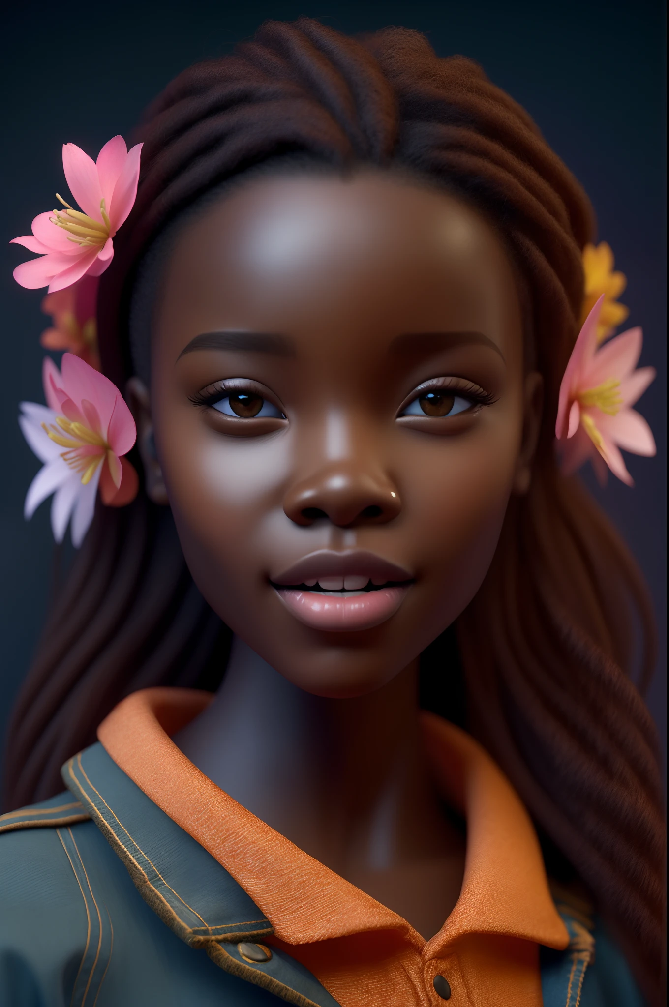 Retrato realista estilo 3D da menina africana africana de 9 meses de idade ((cor da pele marrom escura)) na rua da cidade, pose pra foto feliz, ((Playtoon)), sorriso bonito, ((com flores)), vestindo camiseta (((no printing))), laranja e jeans, sapatos da moda atual, cabelo mega longo cabelo cacheado, ((kanekalon)), (cinematic contour lighting), close-up, product view, detalhes faciais detalhados, rosto perfeito,  nitidez, Trend Art, sharp facial details, cgsociety, High-quality digital art, hiperdetalhe requintado, 4k, 3D, 8k, estilo chibi, soft-lighting, moda sonhadora