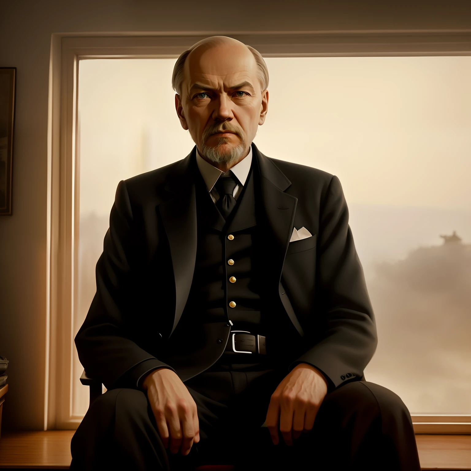 Generate an incredibly lifelike and cinematic 8K portrait of Vladimir Lenin. The portrait showcases Lenin in a contemplative moment, seated in a dimly lit room with soft, diffused light streaming in from a nearby window. His piercing gaze is captured with exceptional detail, revealing the intensity of his revolutionary spirit. Fine lines and wrinkles on his face are intricately rendered, conveying a sense of wisdom and experience. Every strand of hair in his iconic goatee is visible, and the texture of his clothes and surroundings is richly depicted. The atmosphere exudes a sense of historical weight, as if the viewer is in the presence of a moment frozen in time.