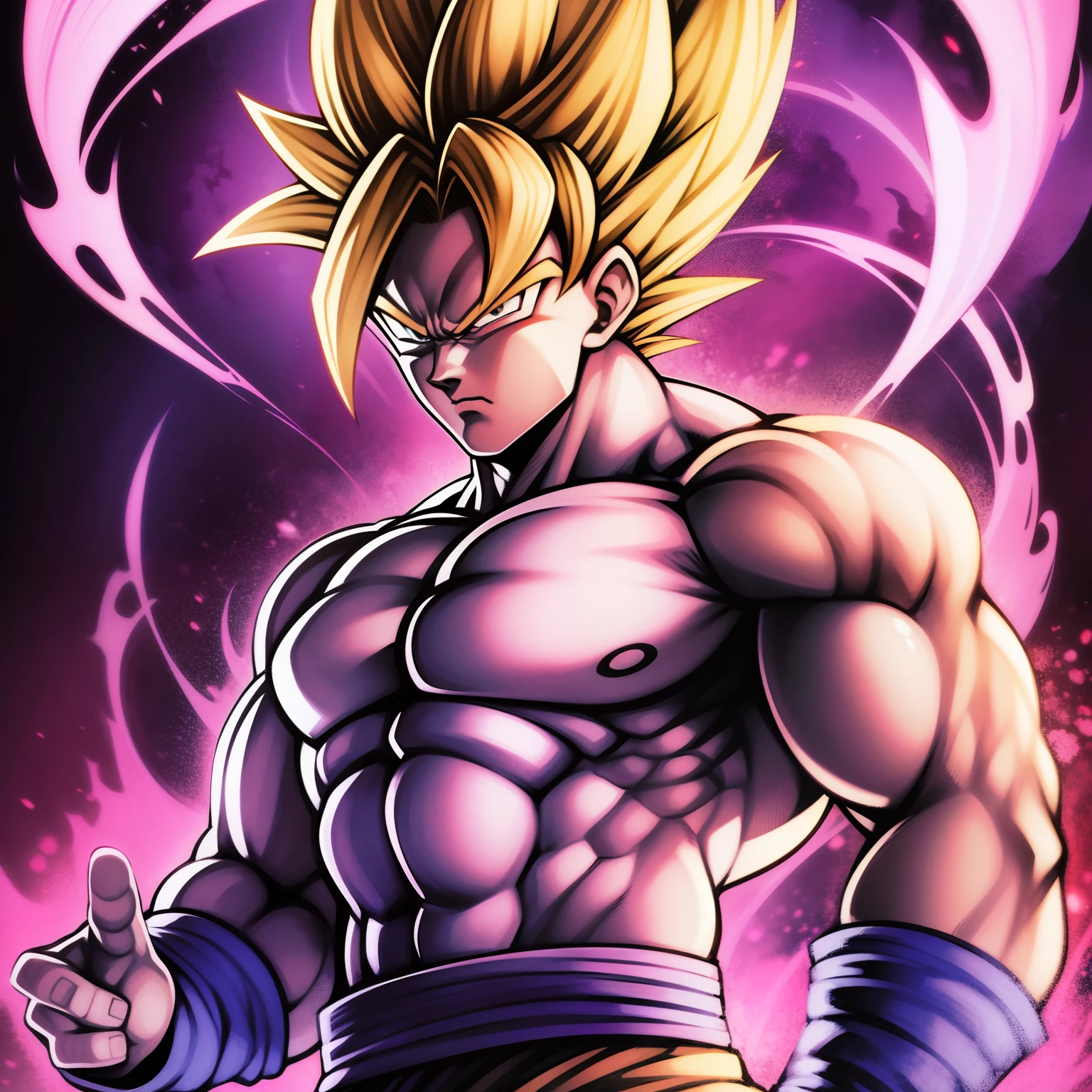 Son goku super sayajin olhando para cima, serious face. aura de poder. musculos. luz suave. arte digital. 90's anime traits. Roupa rasgada. Fundi com Majin Vegeta