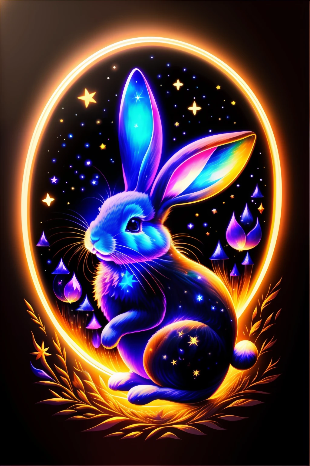 Colorful rabbit painting running in night sky isolated on black background、Majestic and fantastic、Breathtaking rendering、In a shining connection、Kinuko Y.Inspired by the craft、magic elements、The is amazing、Beautiful fece、Multi-cast colorful spells、Bright flash、The Flash