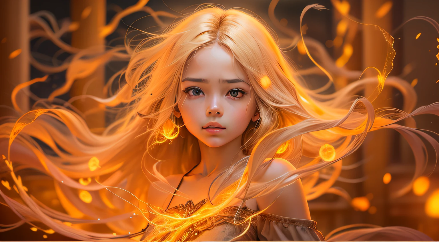 blonde girl kids with a lot of hair in her hands, cabelos eletrificados, little girl with magical powers, electric hair, cabelo laranja longo flutuando no ar, cabelo espaguete, cabelo feito de fogo, cabelos dourados soprando o vento, fiber optic hair, fiber optic hair, cabelos dourados, arte digital. foto realista, photo manipulation, orange flowing hair