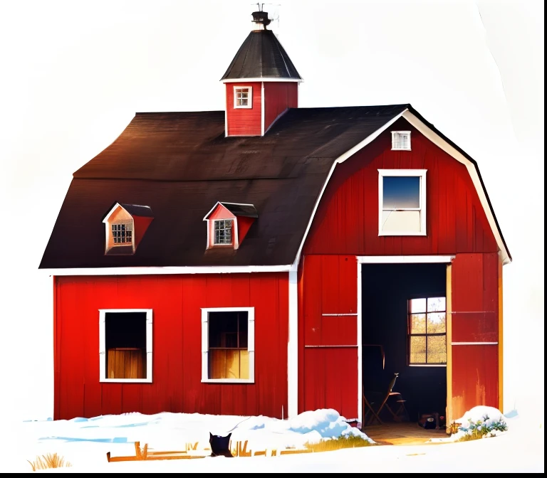 painting of a red barn with a black roof and a cat in the window, barn, farm, by Susan Heidi, by Eileen Aldridge, farmhouse, by Judith Brown, by Jeka Kemp, by Carla Wyzgala, a digital rendering, added detail, by Kathleen Scott, farm background, by Daphne Allen, next to a red barn, farms, a quaint