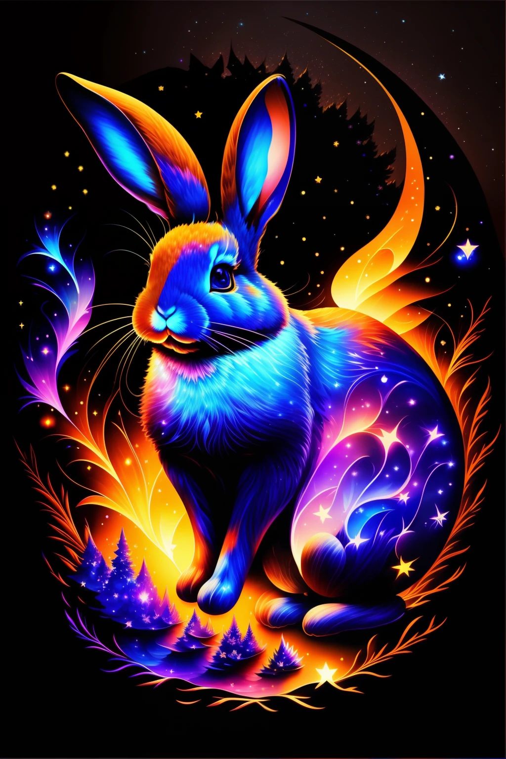Colorful rabbit painting running in night sky isolated on black background、Majestic and fantastic、Breathtaking rendering、In a shining connection、Kinuko Y.Inspired by the craft、magic elements、The is amazing、Beautiful fece、Multi-cast colorful spells、Bright flash、The Flash