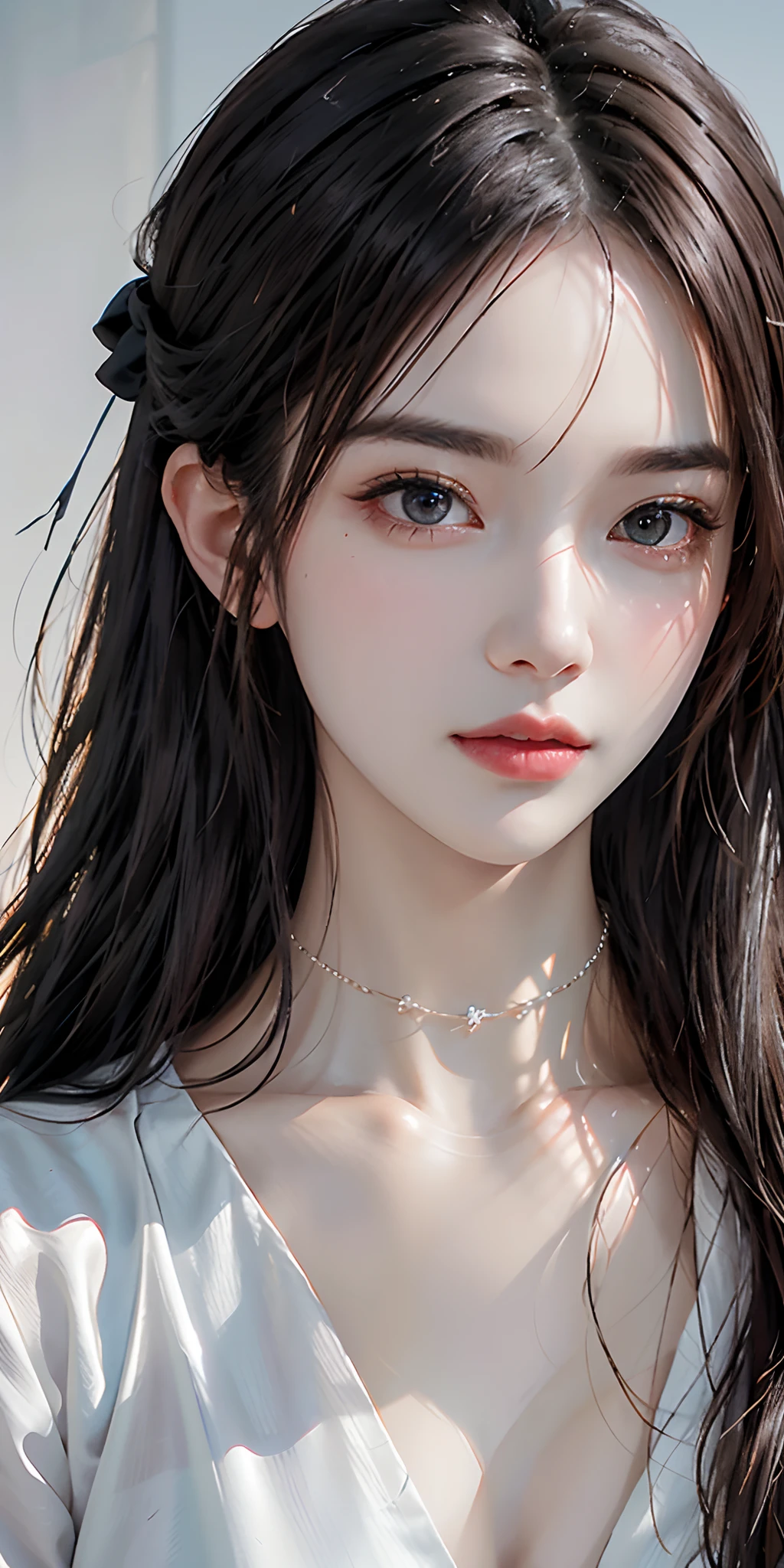 Flashy makeup, upper body, small head, small face, brown hair, bright background, small, small breasts, slim, sad, frightened, endure, 8k, RAW photos, top quality, masterpieces, high definition RAW color photos, professional photos, (realistic, photorealistic: 1.37), (high definition skin: 1.2), high resolution, beautiful fine eyes, (hard focus: 1.4), (sharp focus :1.4), Realistic, (8K UHD:1.2), realistic High quality shadows, lip parting, slender face, (wavy hair), half up top knot, crown blade, pink eye color, suggestive (extreme face close-up), gonzo, ((((depth of field)))), pale and shiny skin, cropped cowl neck sweater, 30s , bloomers, rooftop, Bokeh, lens flare, (vignette: 0.8), dramatic lighting, cinematic lighting, backlighting, professional lighting, physically based rendering, ulzzang-6500-v1.1, pureerosface_v1.