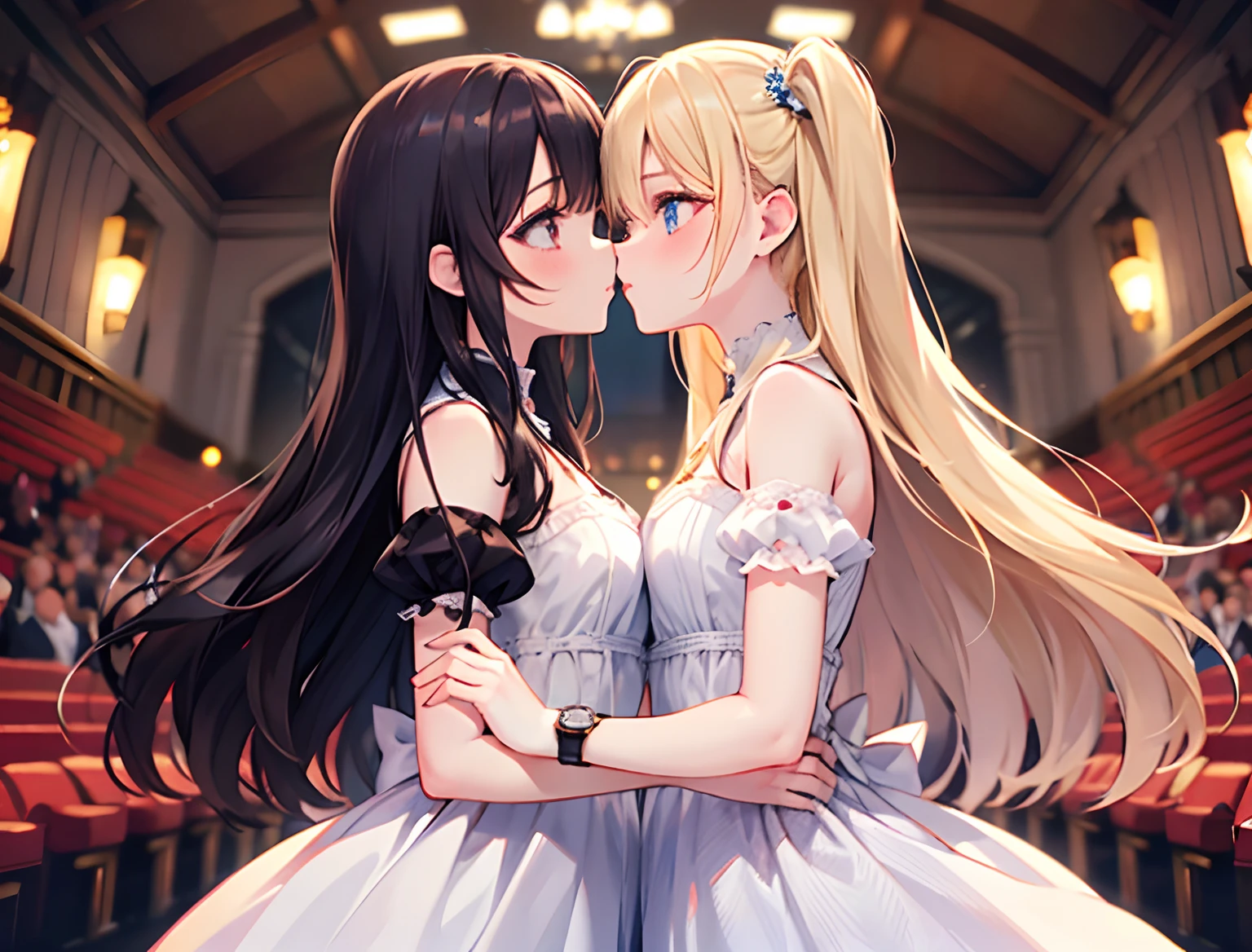 (((obra maestra del anime))), (((anime bien realizado))), romantic couple master man and maid, mujer foxy adulta con el pelo largo gris y ojos rojos brillantes, piel palida, sonriente, hombre adulto, pelo corto bicolor, ojos radiantes de color verde saturado, piel palida, avergonzado 😳, muy cerca entre el y ella,