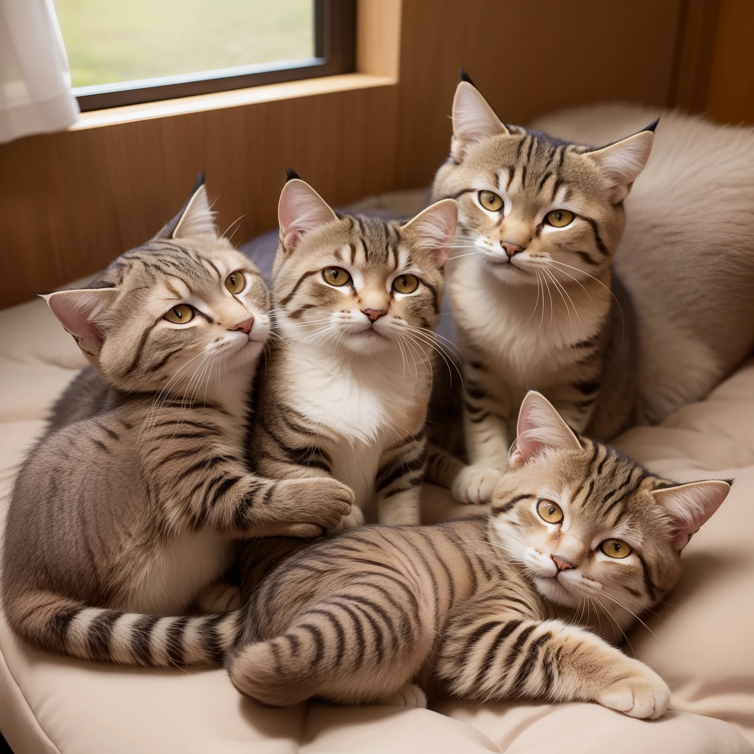 Sleep on a futon、5 cats on a futon、Manul cat