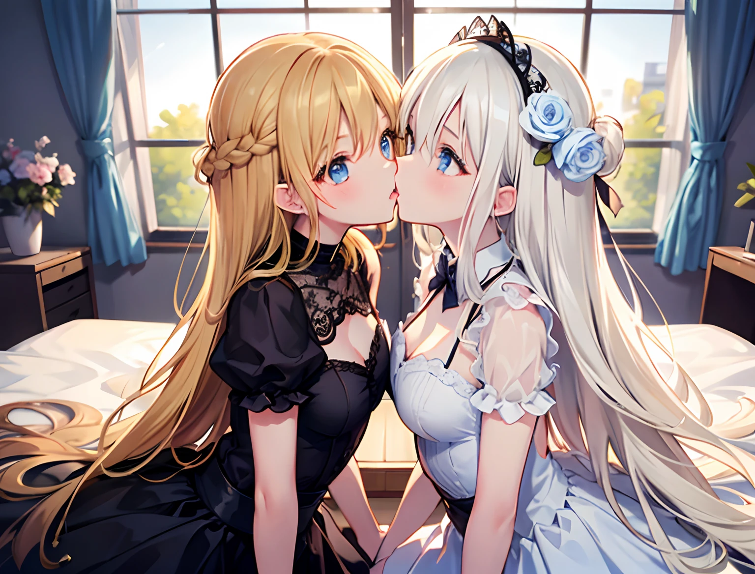 2 girls, masterpiec, Watch the best quality of the audience, long whitr hair, indoor, Blonde hair, dress, Symmetrical_docking,kiss