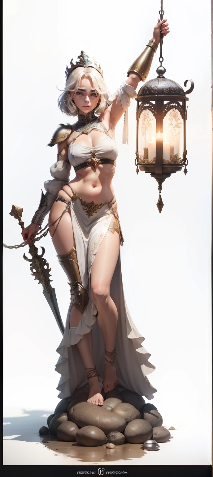 O peito envolto de armadura greco-romana dourada,  barriga com cinta dourada, cabelo preso, adornos nos calcanhares, barefoot, saia passando pela coxa direita, cinta dourada na barriga com detalhes e runas, the exit passing lightly over the right thigh