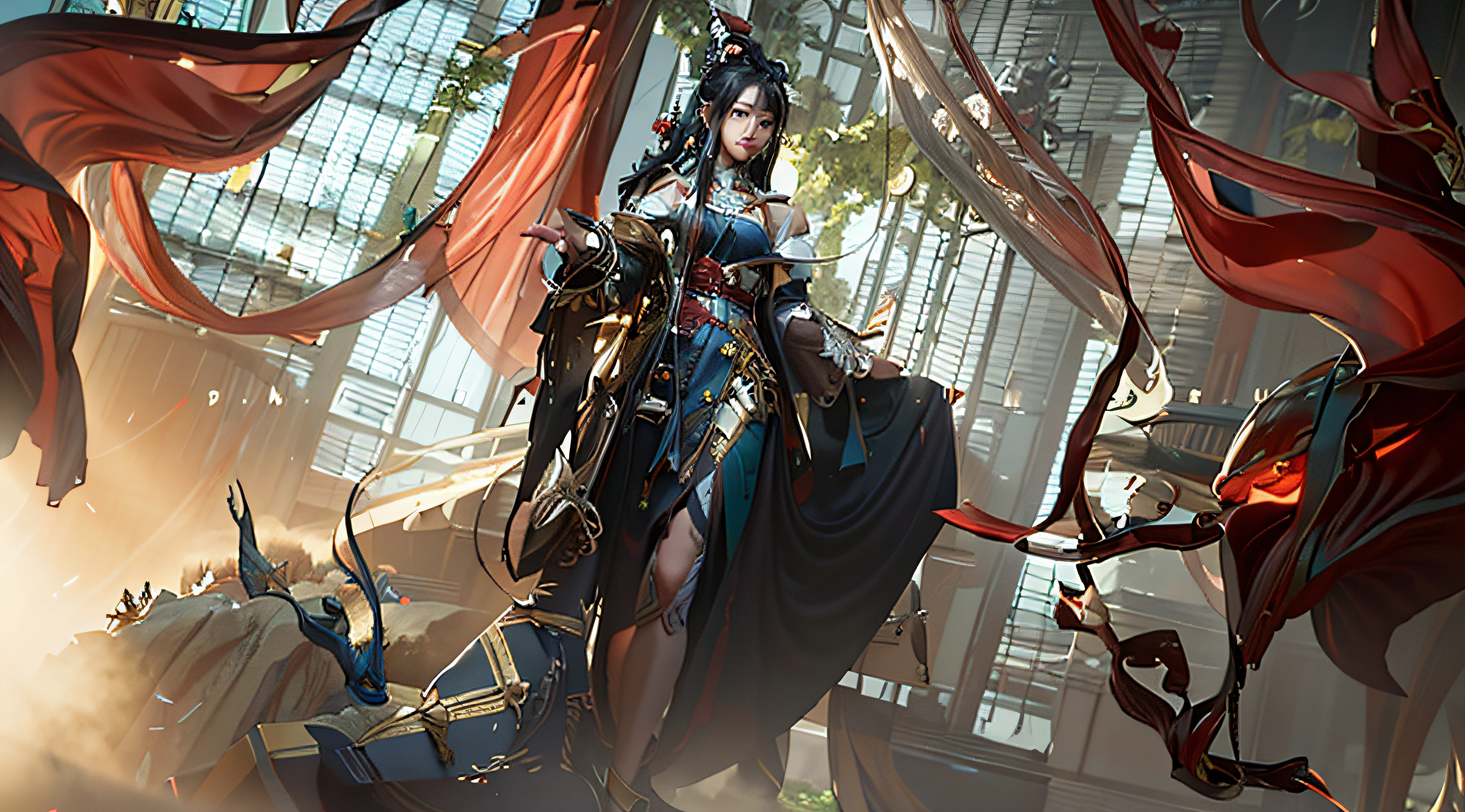 There was a woman standing in a room,There is a huge statue, by Yang J, Guviz-style artwork, trending on cgstation, ross tran and wlop, Inspired by Ai Xuan, Guviz, Guweiz on ArtStation Pixiv, author:Shitao, author:Fan Qi, cgsociety and fenghua zhong,
