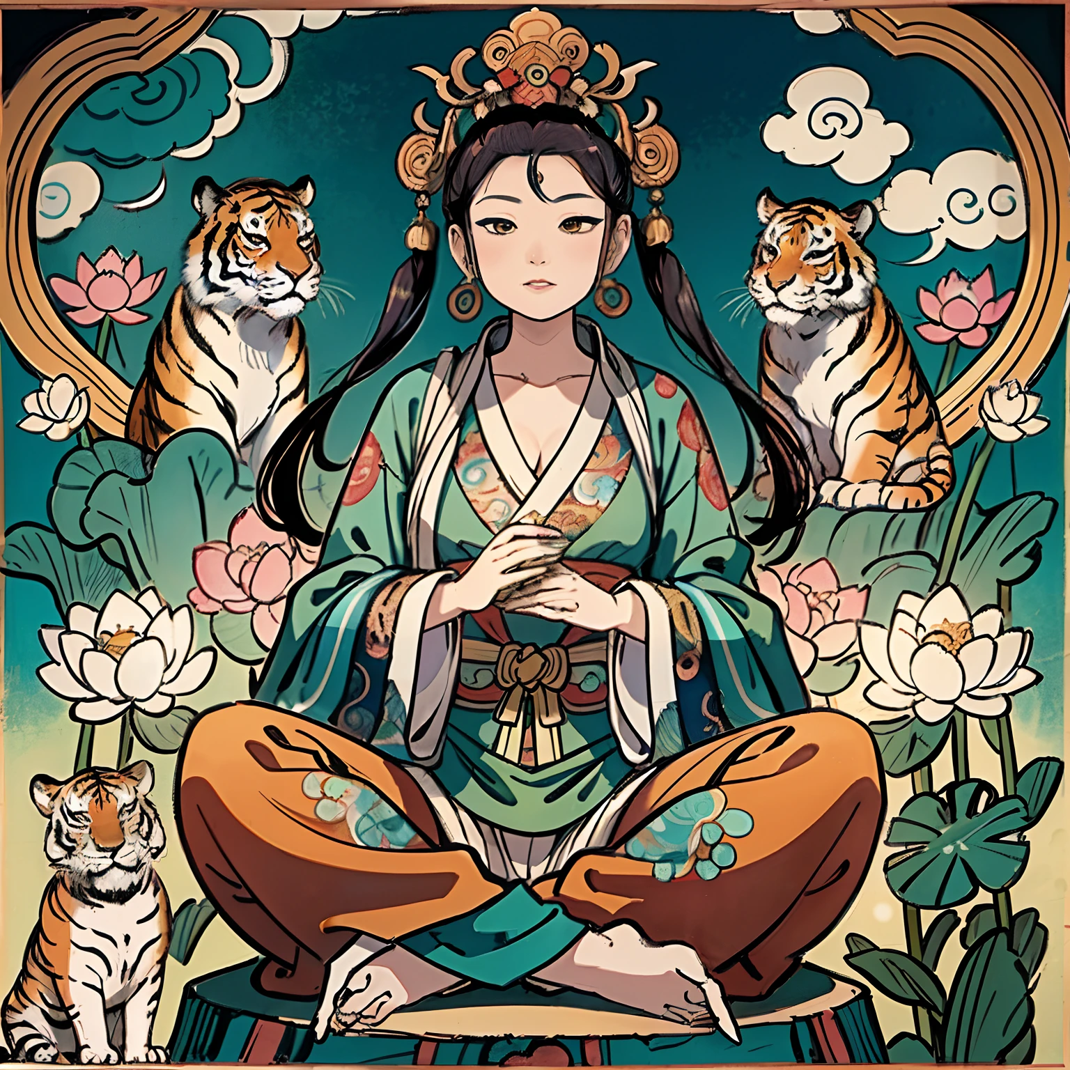 an ancient Chinese goddess, guanyin of the southern seas, Guanyin, Inspired by India, Avalokiteshvara rides a tiger，,Serene expression,shui mo hua,Buddha,Buddhist,Lotus,Chinese painting style,Thangka style