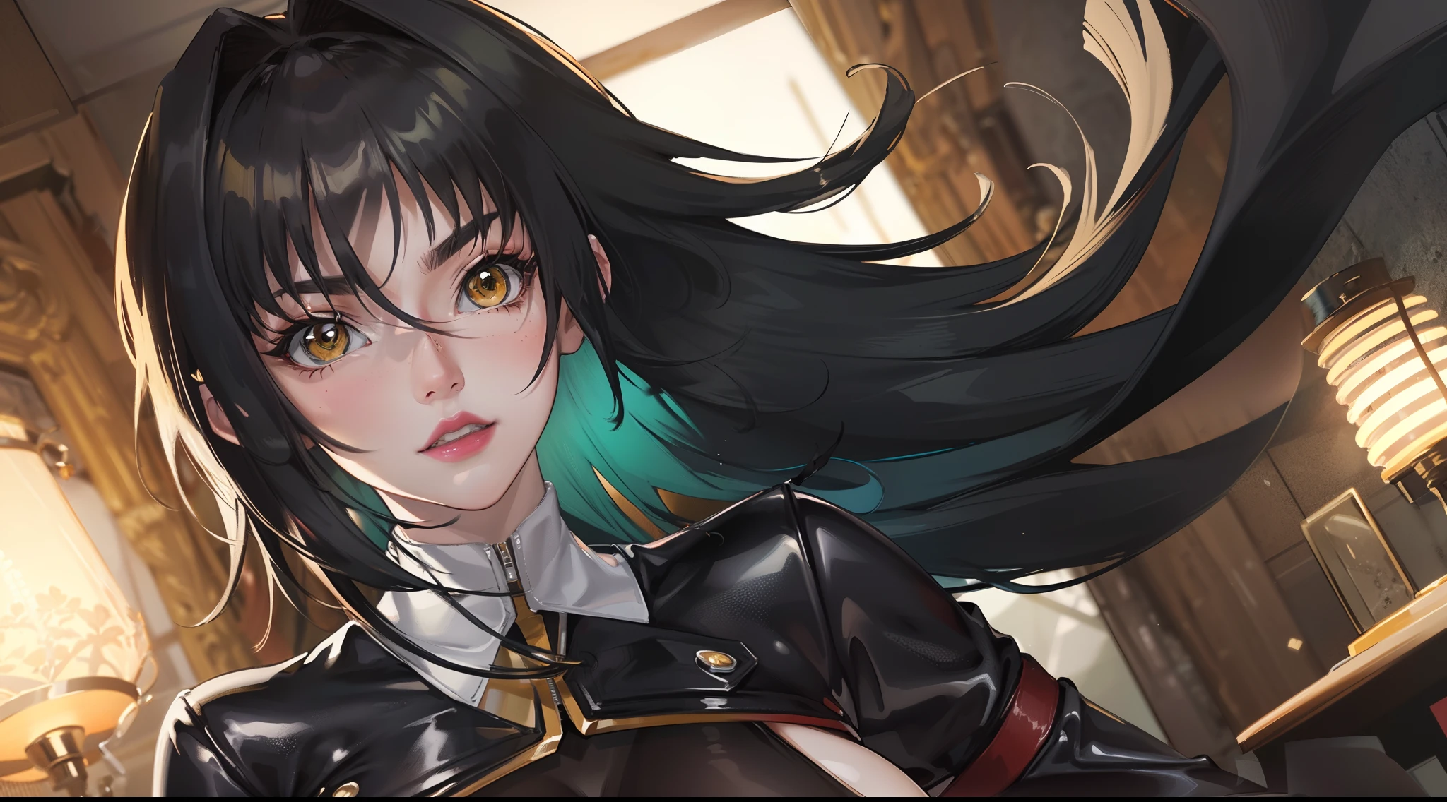 professional artwork, Intricate Details, field of view, sharp focus, detailed painting, photorealistic lighting, trending on pixiv, Standing at attention, black outfit ,yellow collared shirt,black and red bodysuit,skin_tight,black legwear, black pantyhose, Side_boob, black hair,very long hair, Bangs,yellow eyes,makeup, lipstick, 35yo,mature female,Beautiful Finger,Beautiful long legs,Beautiful body,Beautiful Nose,Beautiful character design, perfect eyes, perfect face, looking at viewer,official art,extremely detailed CG unreal engine 8k wallpaper, perfect lighting,Colorful, Bright_Front_face_Lighting, (masterpiece:1.0),(best_quality:1.0), ultra high res,4K,ultra-detailed, photography, 8K, HDR, highres, absurdres:1.2, Kodak portra 400, film grain, blurry background, (Beautiful,large_Breasts:1.4), (beautiful_face:1.5),(narrow_waist), (solo:1.4), ((landscape dimension)), rich detailed makeup, rich detailed eyeshadow, rich detailed lips, rich detailed lipstick, beautiful detail eyes