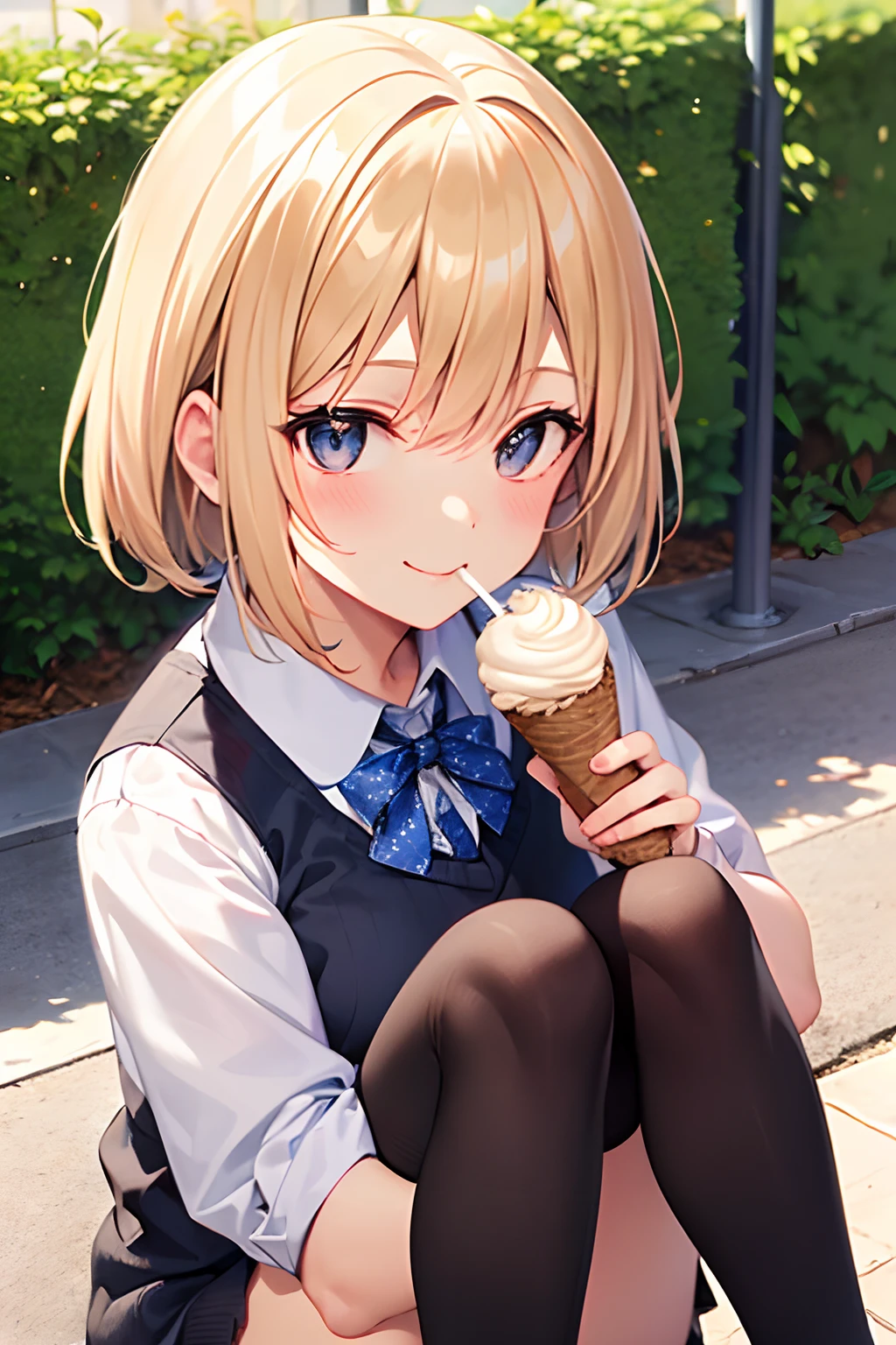 masutepiece, of the highest quality, One girl, Solo, Very sensitive eyes, Nice face, Smile, Summer uniform, Eating ice cream, (Black socks: 1.4),Brown loafers
