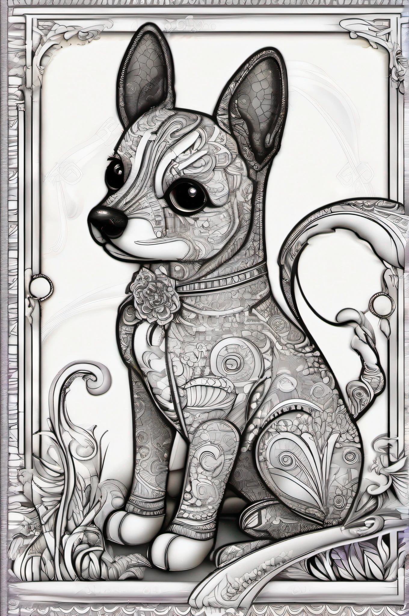 cane, Kawaii style dog, fantasia, magica, mistic, incomum, preto e branco, linhas onduladas, desenho de arte de linha realista, coloring book page , no noise, sharp thick lines, sketch art, imagem centrada, isolado em um fundo branco