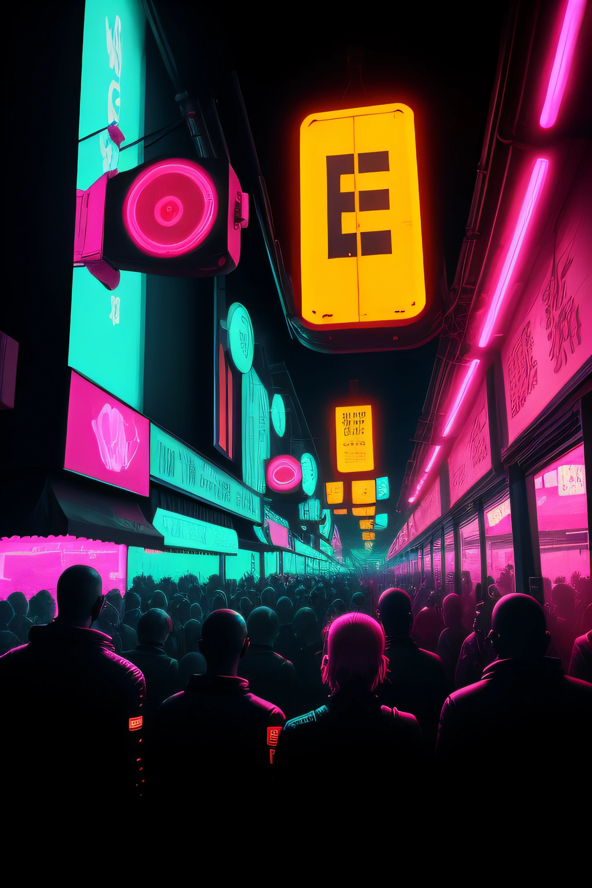 a crowd, Cyberpunk, neon light