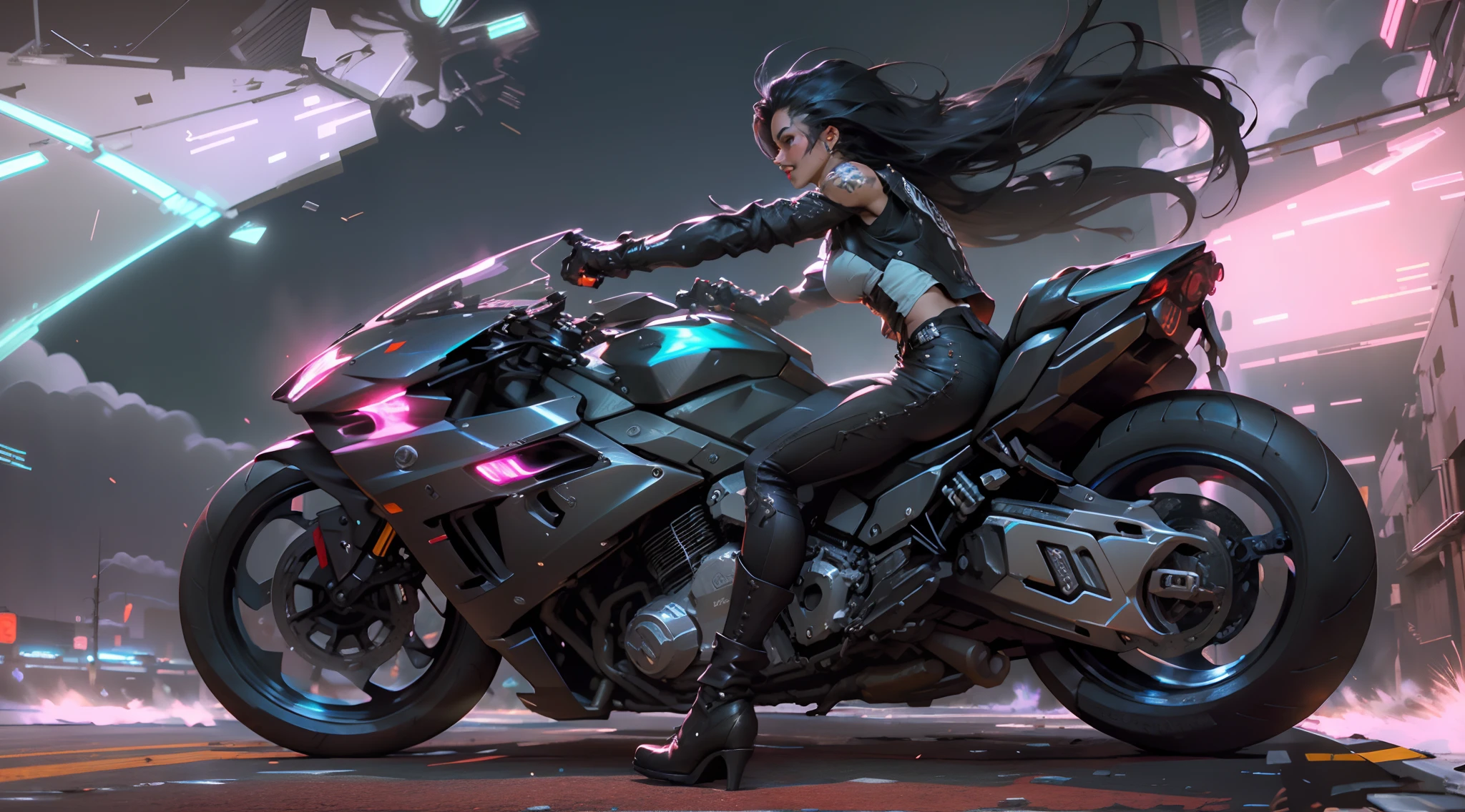 a motorcyclist driving too fast on a highway, Arte Oficial, Unity 8k imagem de frente , Ultra Detalhado, handsome and aesthetic, obra-prima, melhor qualidade, realista,Beautiful woman with long hair fluttering from the wind and smiling , cabelo preto, akirabike vermelho brancoa em alta velocidade, Cyberpunk , Epic fabric , Uniforme cyberpunk