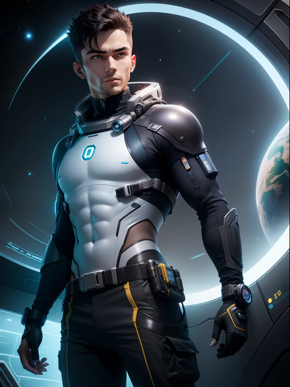male, Futuristic space engineer, Quiet confidence, Lean and athletic, Utility pants with multiple pockets, High-tech wristwatch, Flexible and protective exosuit, Observant and calculating, Quick-witted problem solver, Innovator, Guardian of humanity's cosmic journey, glass helmet
