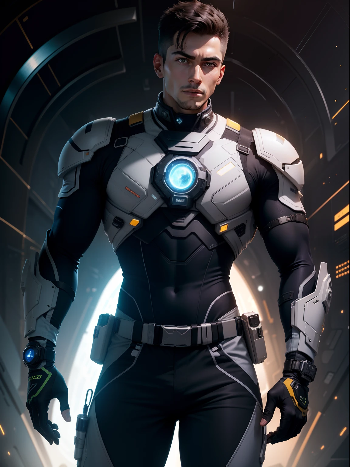 male, Futuristic space engineer, Quiet confidence, Lean and athletic, Utility pants with multiple pockets, High-tech wristwatch, Flexible and protective exosuit, Observant and calculating, Quick-witted problem solver, Innovator, Guardian of humanity's cosmic journey