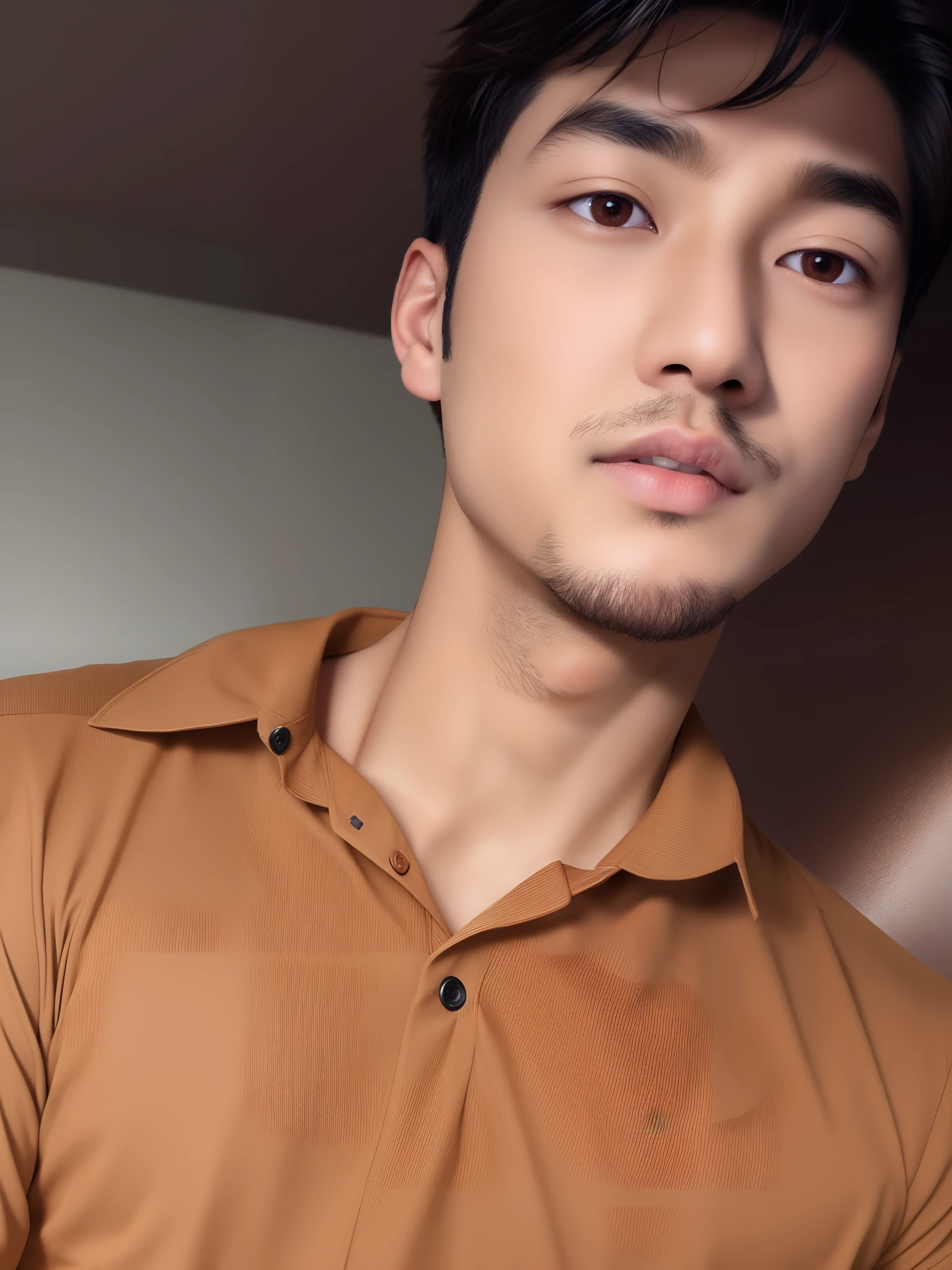 Allard man in brown shirt, brown shirt, Asian male, brown clothes, wearing a brown, Male ulzzang, Inspired by Bian Shoumin, 2 , longque chen, handsome chad chin,No hands appeared,Bust photo,closeup cleavage,Masterpiece,Extreme,No beard