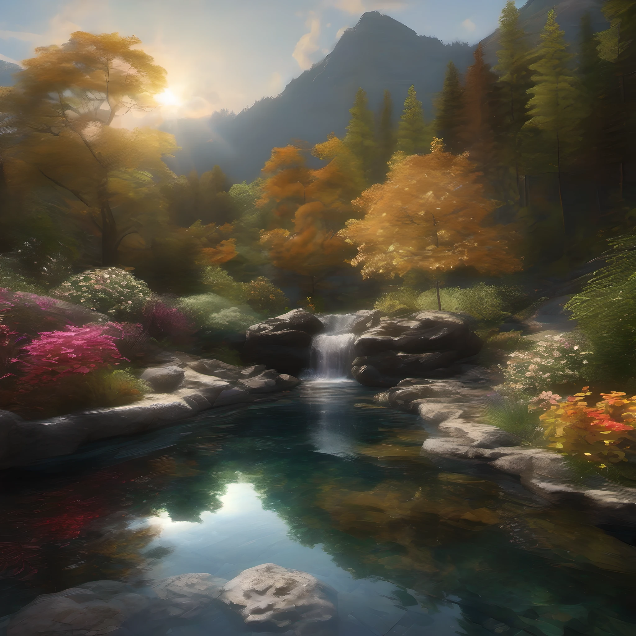 Forest flower crystal::4 emitting glitter garden landscape with pool of clear water and black gold marble::1 path landscape Asher brown Durand, rendered in octane, hyper realistic