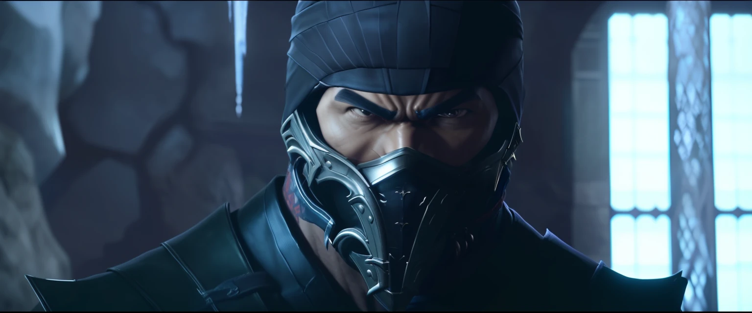 a close up of a person wearing a mask and a helmet, in mortal kombat, character from mortal kombat, menacing. unreal 5, mk ninja, mortal kombat 11, joe taslim, mortal kombat, ps5 cinematic screen capture, style of mortal kombat, ice cave