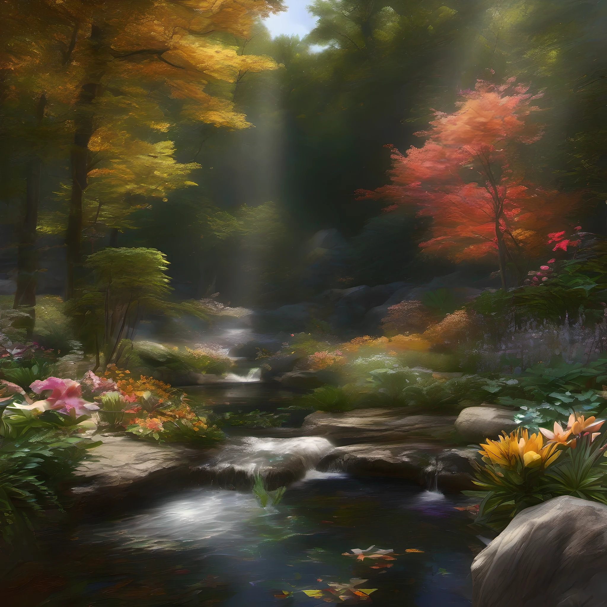 Forest flower crystal::4 emitting glitter garden landscape with pool of clear water and black gold marble::1 path landscape Asher brown Durand, rendered in octane, hyper realistic