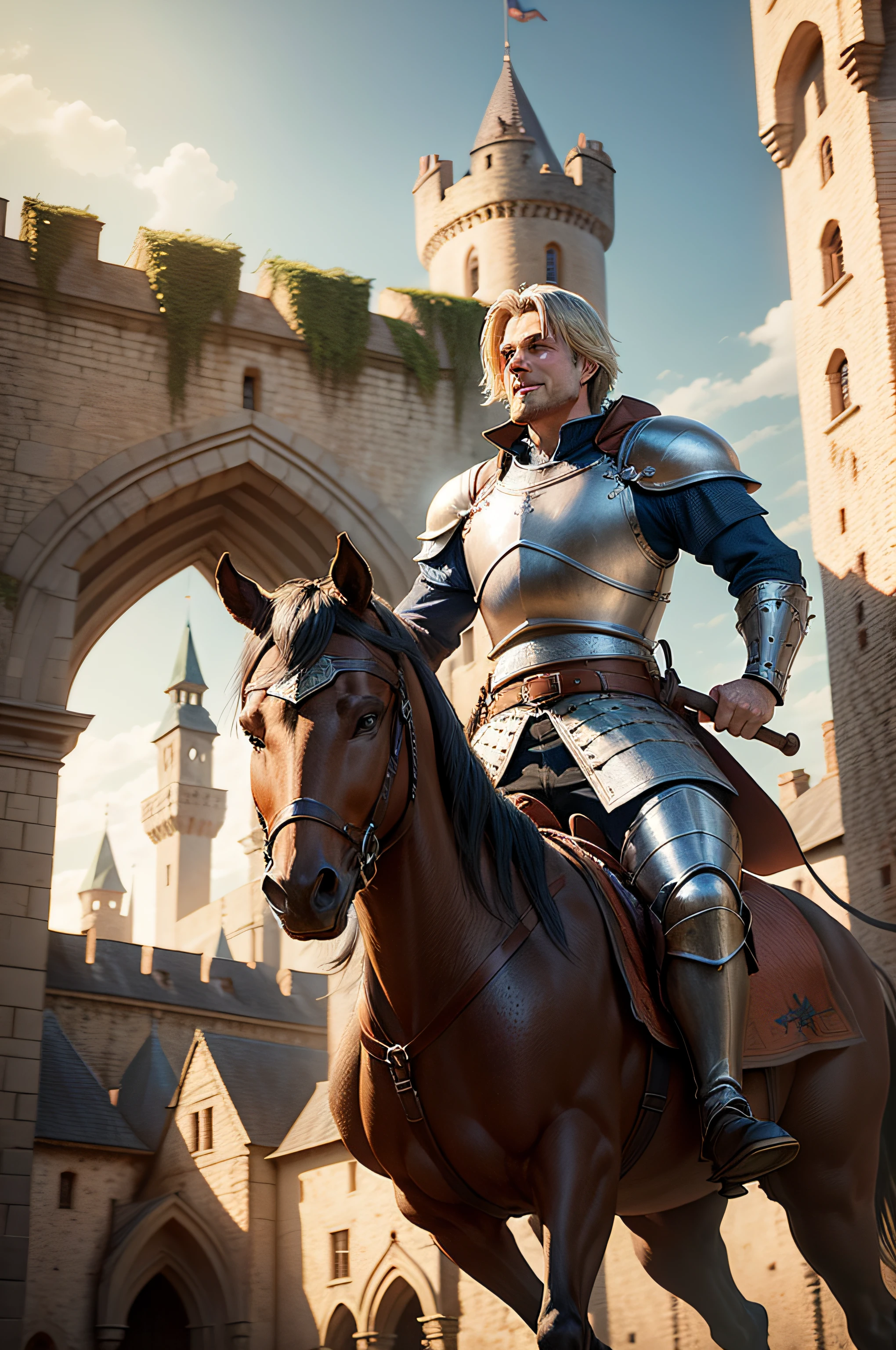 a cartoon character, like a child medieval knight, riding a horse. At background a gentle dragon, a castle tower and happy people over the walls. too much detaliled, many people celebrating. Pixar 3d render style, cinematic ligths.