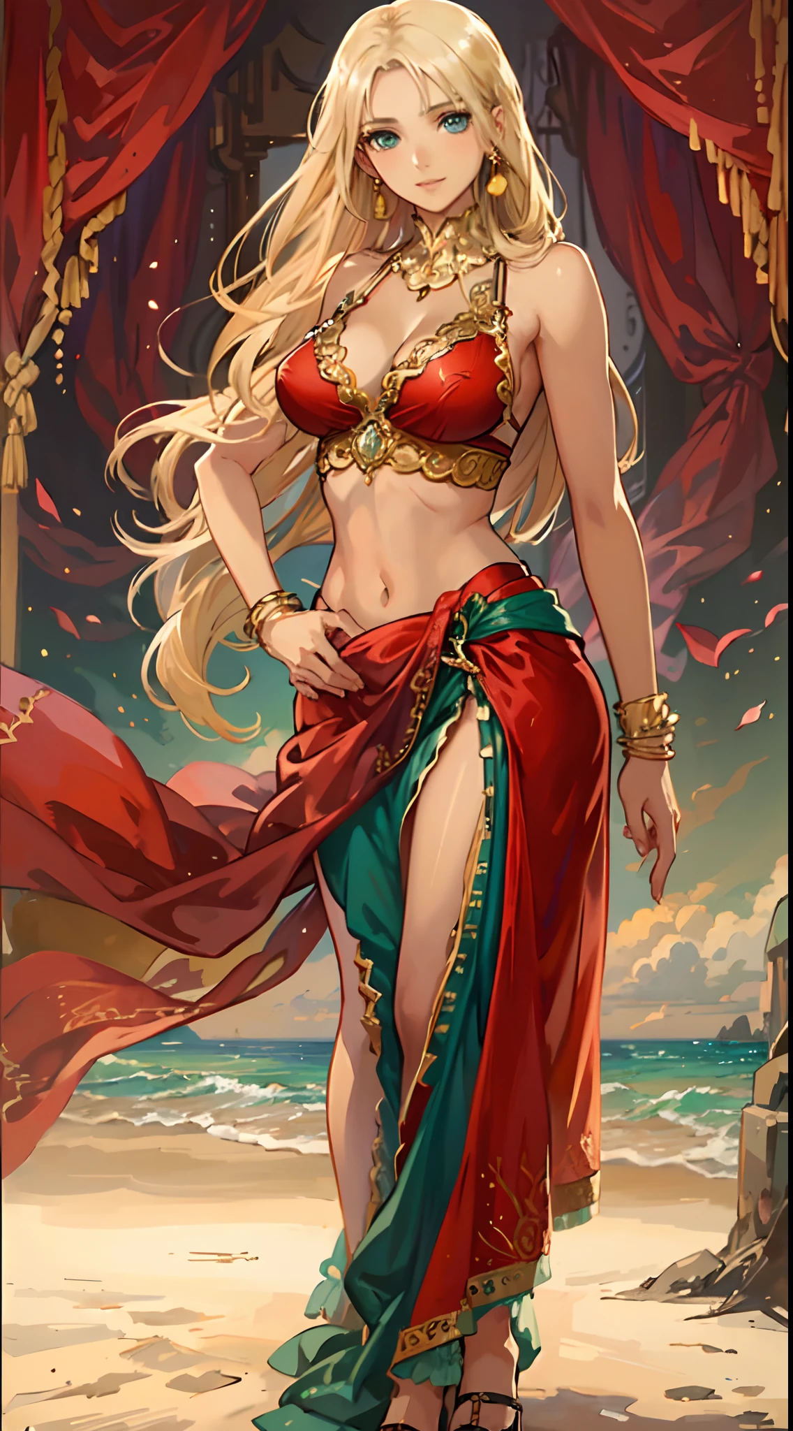 blonde hair, long hair, green eyes, with leg opened and an enticing beach pose, wearing a elegant red gown that shows off her navel, resembling an Arabian belly dancer. She has a short trimmed skirt and her flowing blonde hair is styled in a side ponytail. Her captivating blue eyes exude happiness, while her outfit highlights her alluring cleavage, happy