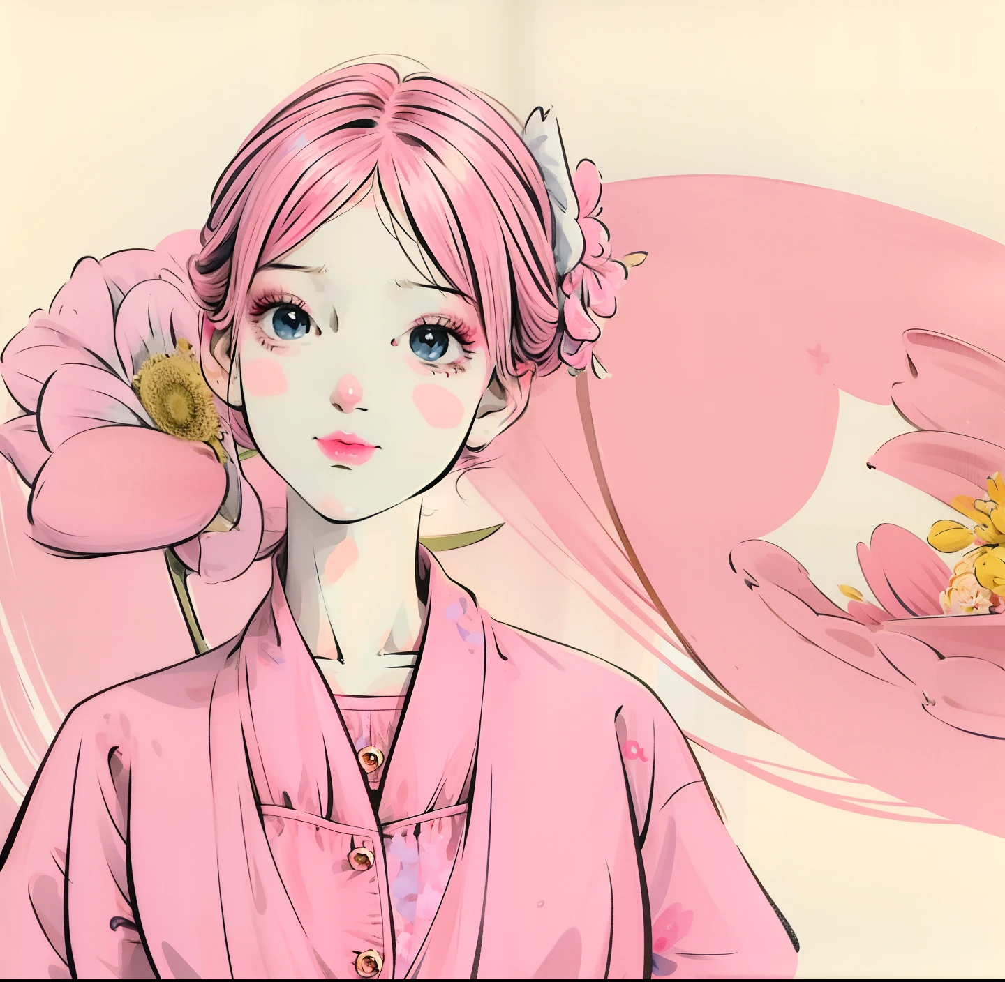 cartoon girl with pink hair holding a flower in her hand, standing in pink dress, full body, girl with a flower face, cute natural anime face, soft anime illustration, cute kawaii girl, her face is a mauve flower, cartoonish cute, cute anime face, holding a flower, her face looks like an orchid, she has a cute face, she has a cute expressive face
