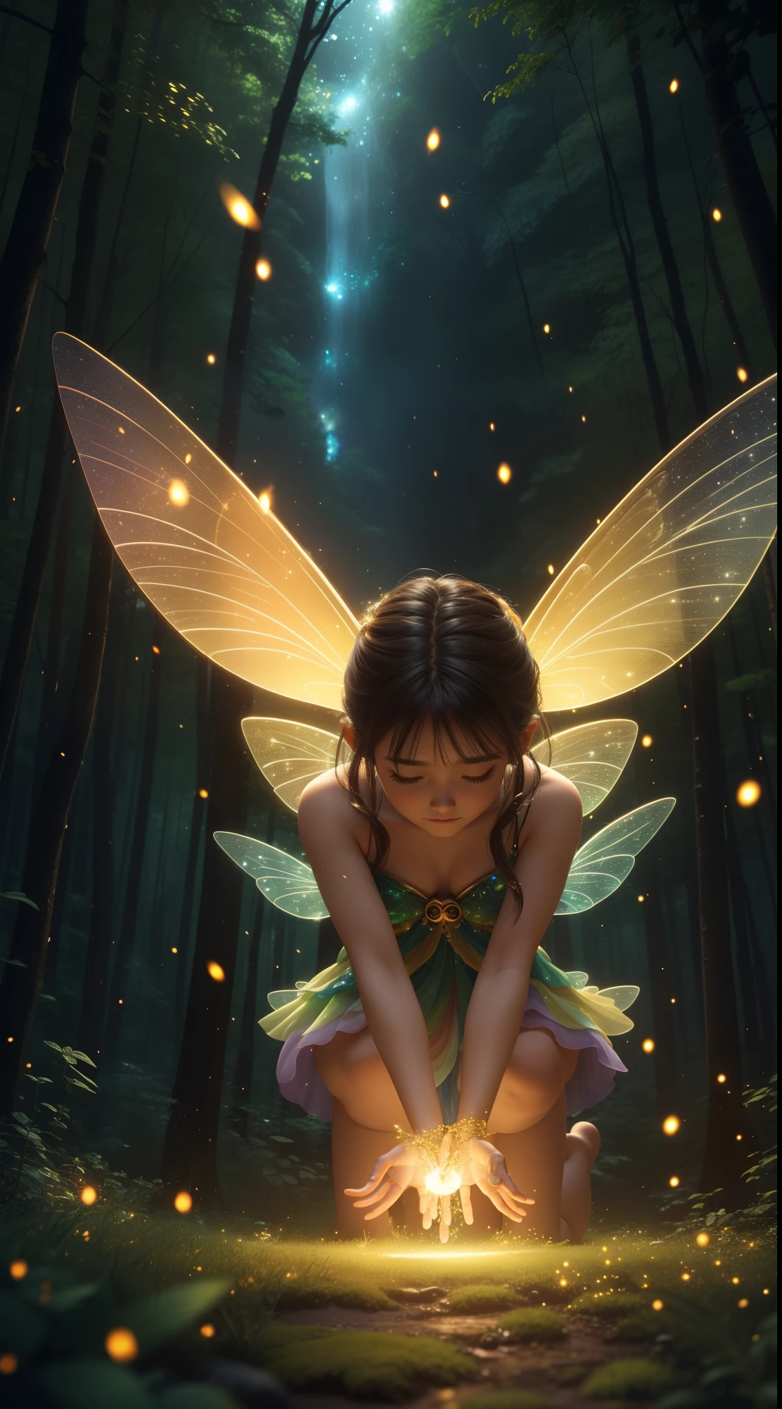 A mesmerizing UHD 8K realistic 3D render of a tiny fairy surrounded by a breathtaking forest filled with swirling, vibrant rainbow fireflies. The fairy's fingertips emit a soft, enchanting light, creating a magical atmosphere as the fireflies gracefully fly around, casting their golden glow. Truly a stunning spectacle of nature's beauty!