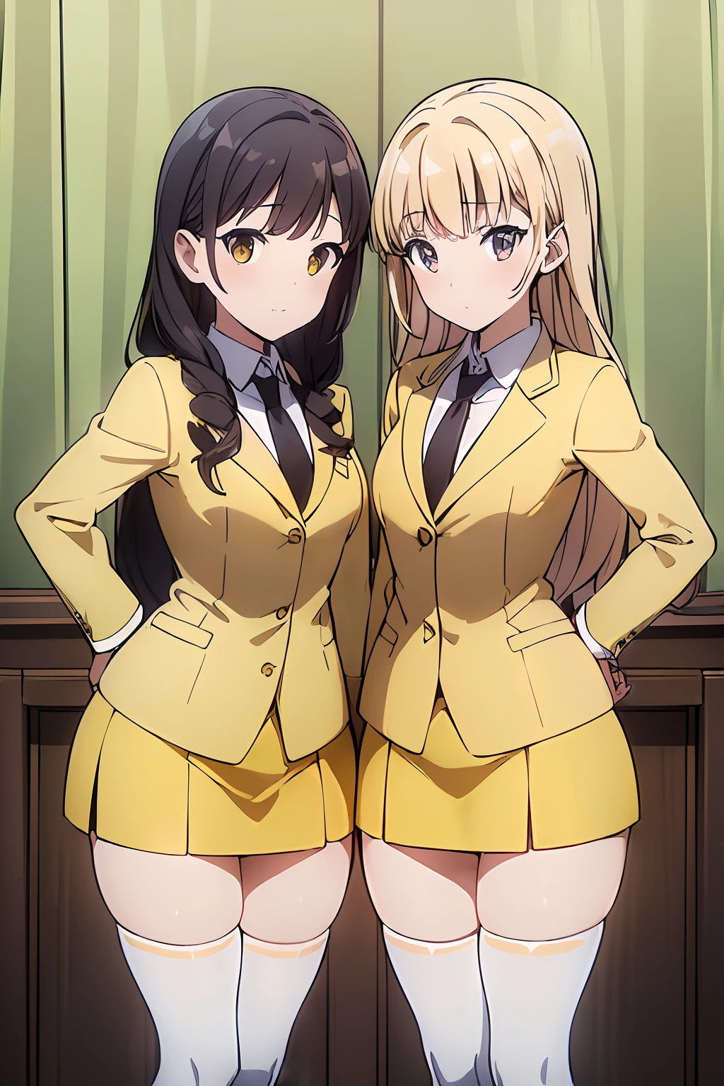 ((masterpiece, best quality, 8k, highres:1.2)), yellow school uniform, highleg, hazel eyes, yellow blazer, neckties, medium breasts, yellow pencil skirt, white thighhighs, white thighhigh socks, black high heels, (brown hair, curly hair, long hair), (2girls, duo, twins, clones), ((matching hairstyles, matching faces, matching outfits))